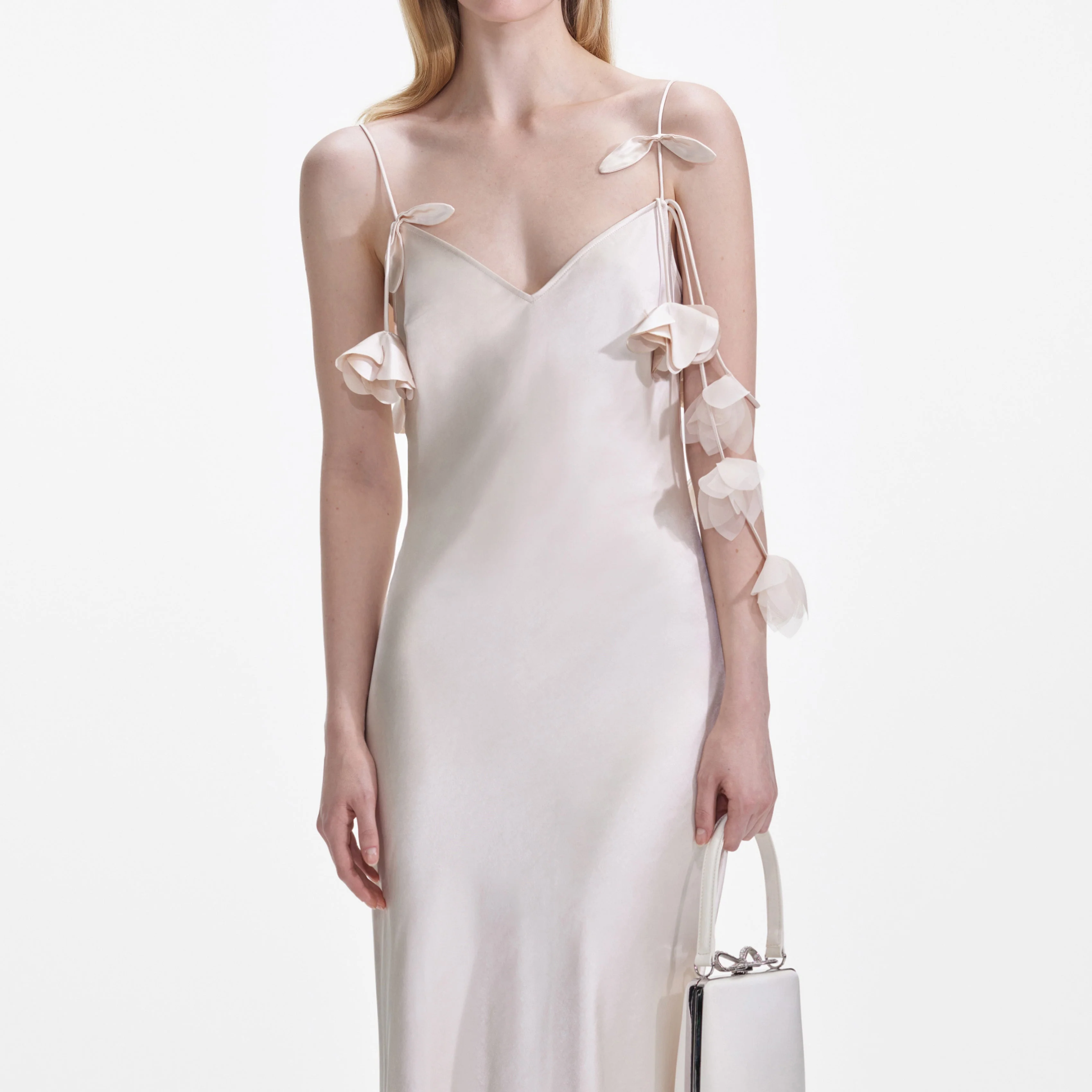 Champagne Flower Satin Maxi Dress