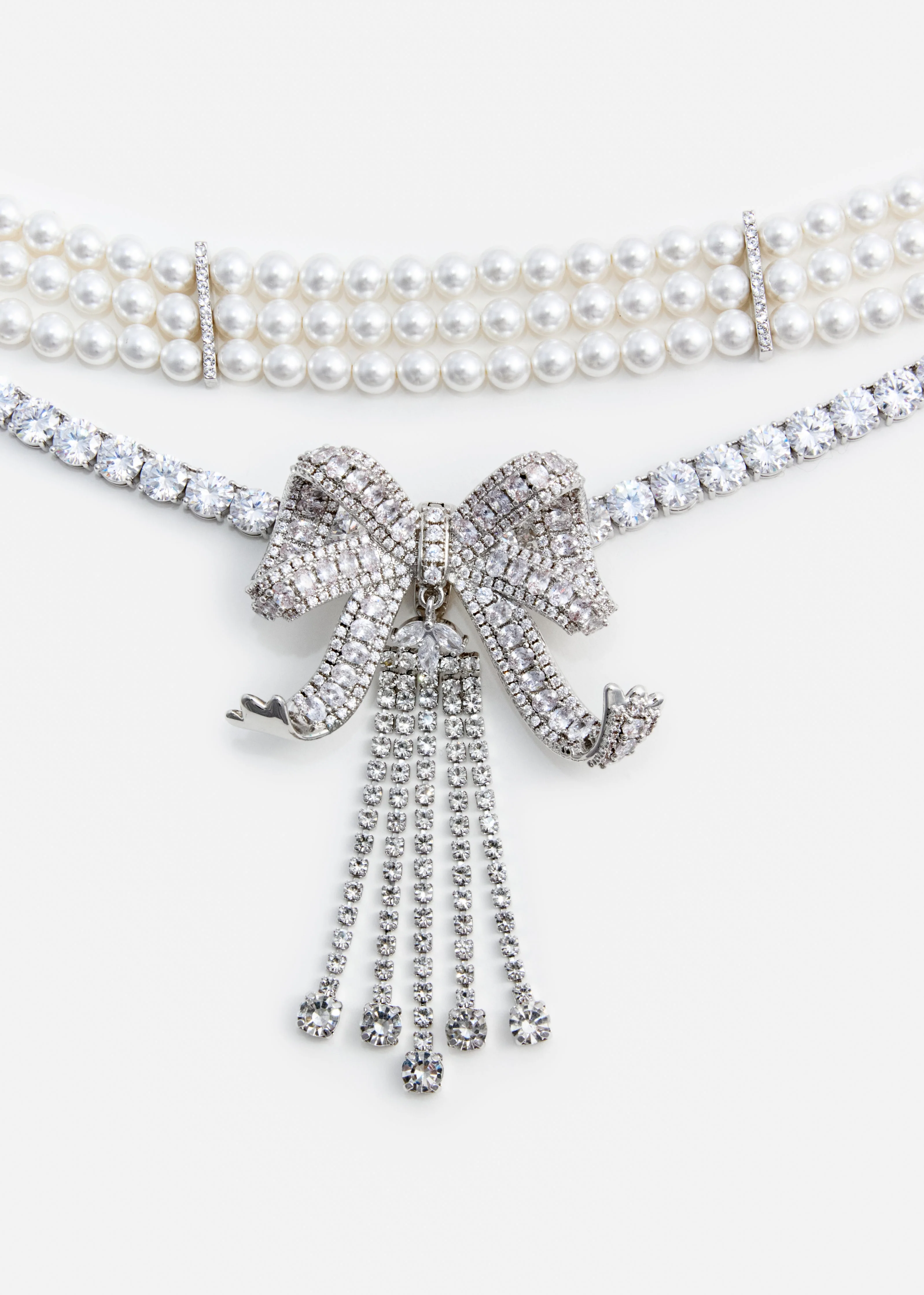 Crystal Bow Droplet Pearl Necklace