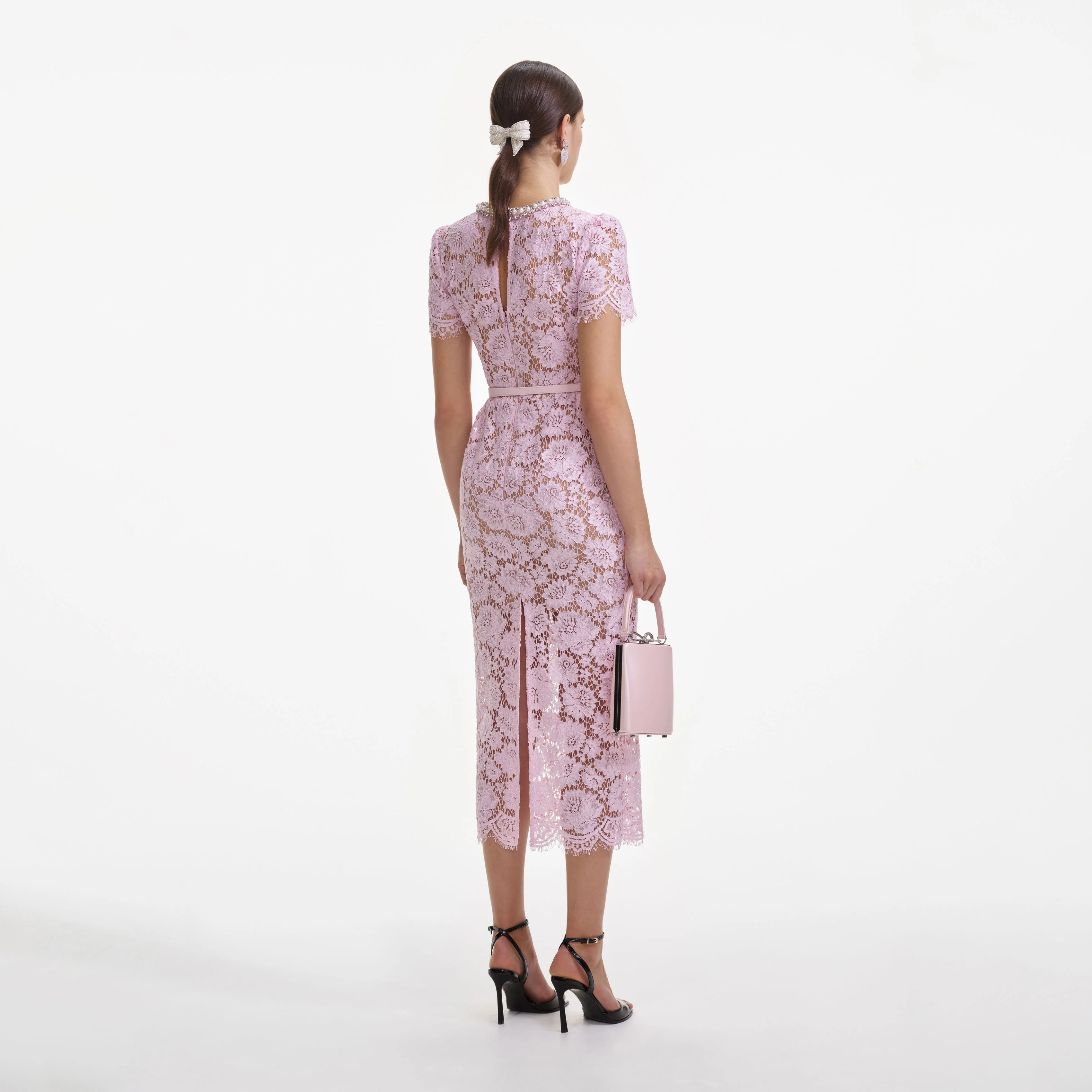 Pink Fine Lace Pearl Midi Dress