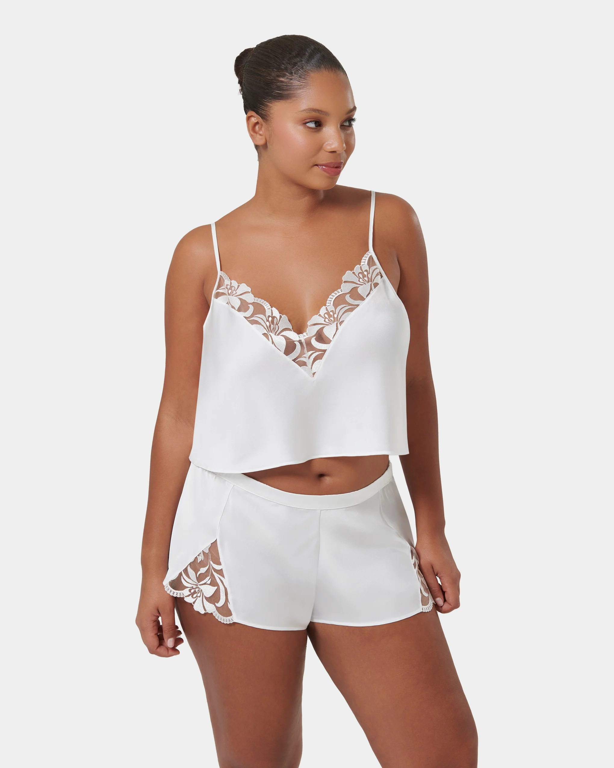 Leonora Luxury Satin Cami and Short Set White/Sheer