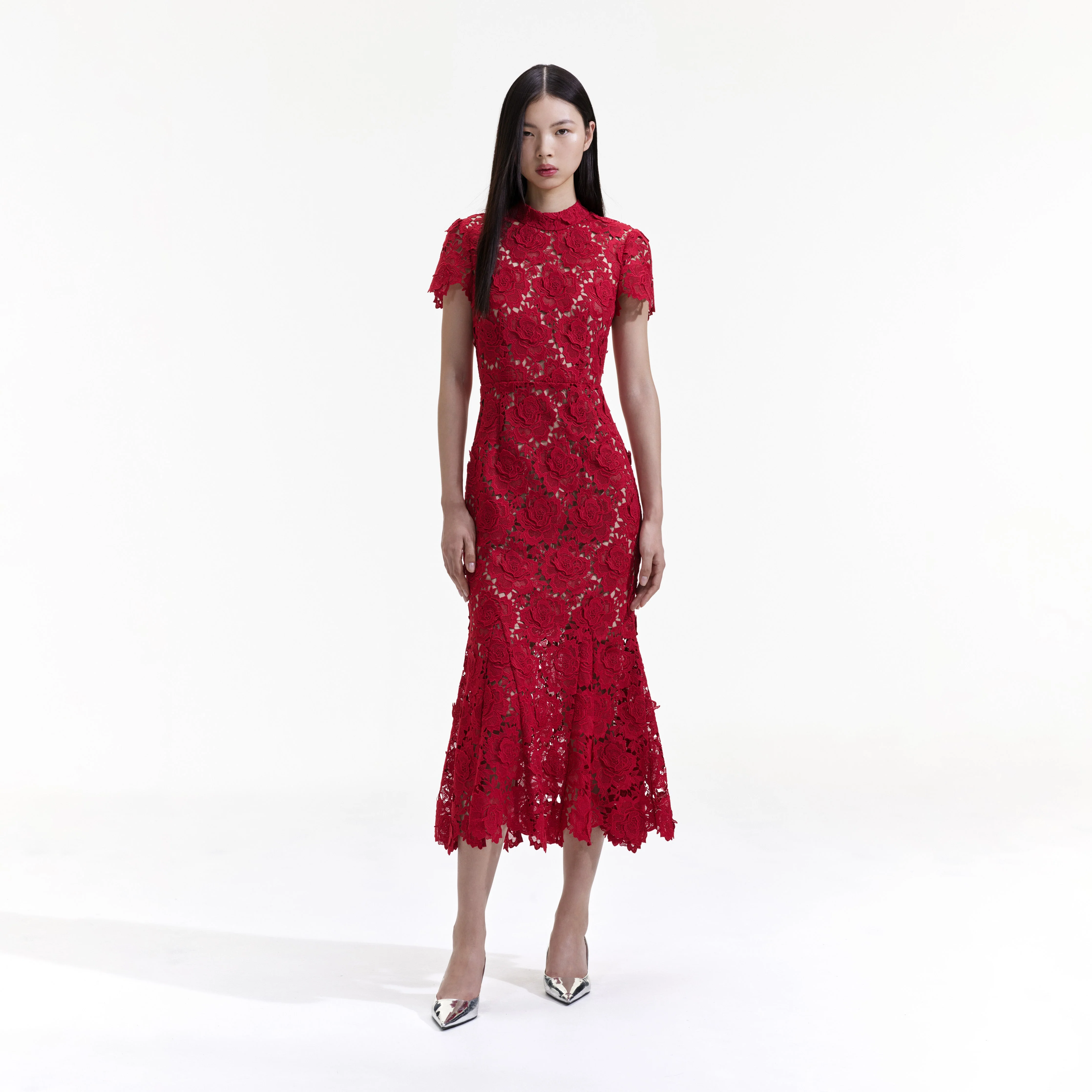 Red Flower Lace Midi Dress
