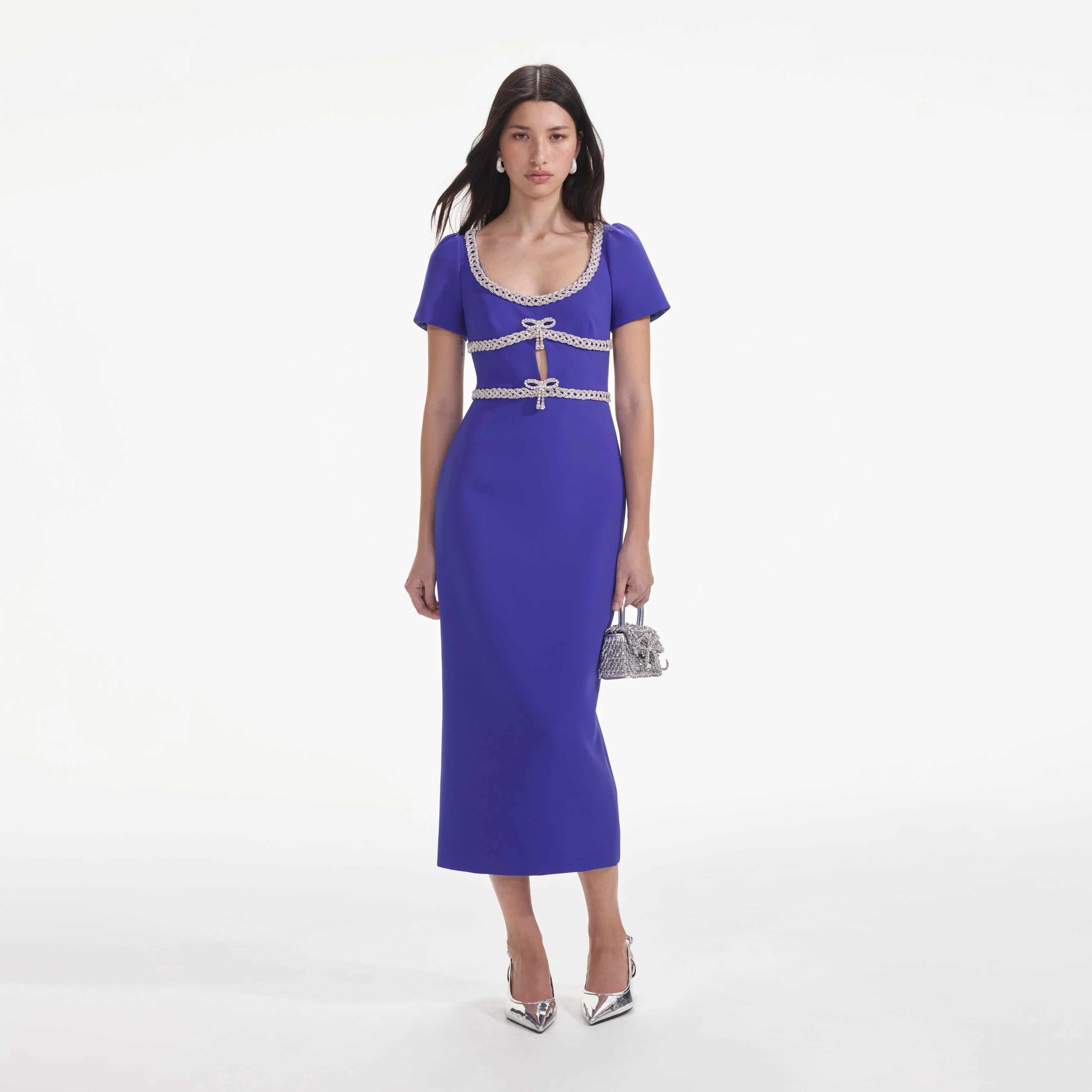 Blue Diamante Bow Trim Midi Dress