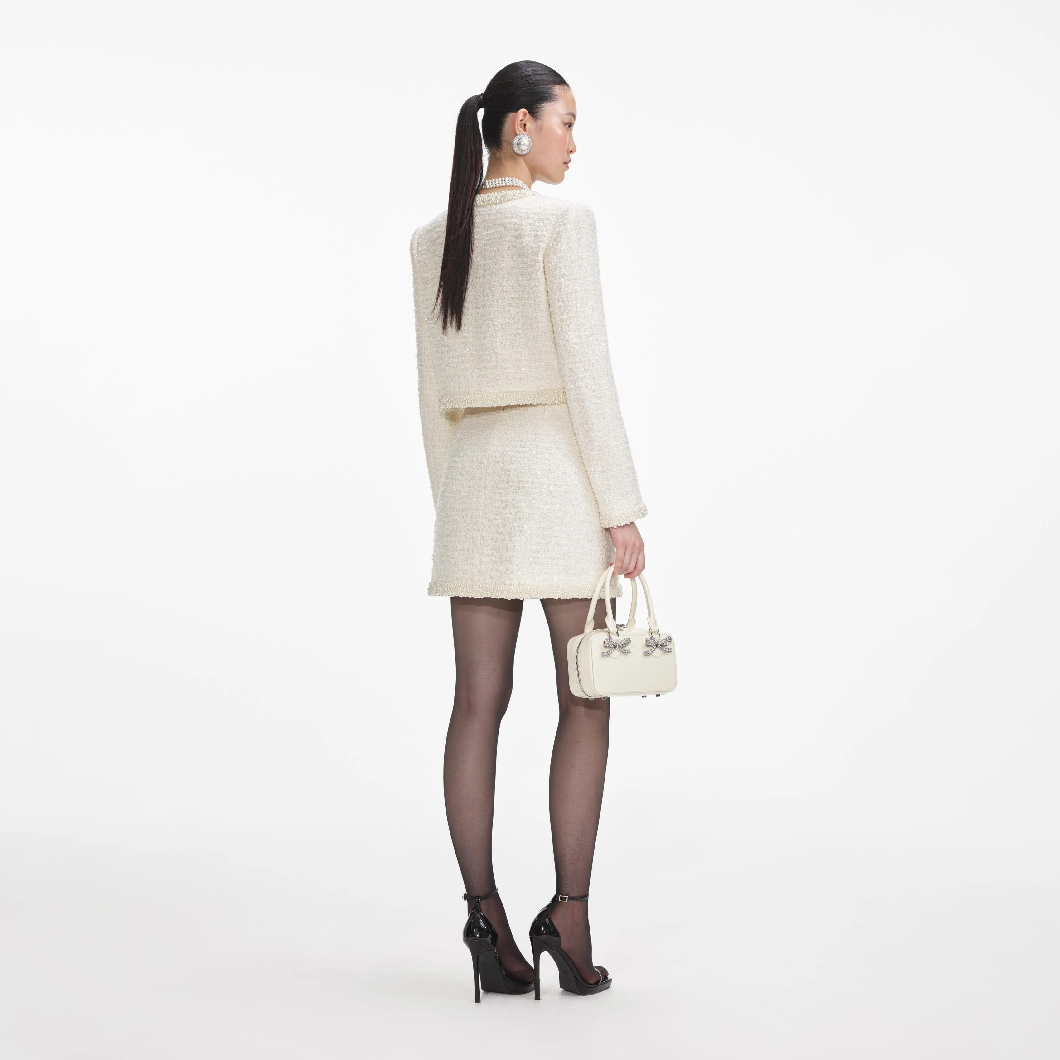 Cream Boucle Pearl Trim Mini Skirt