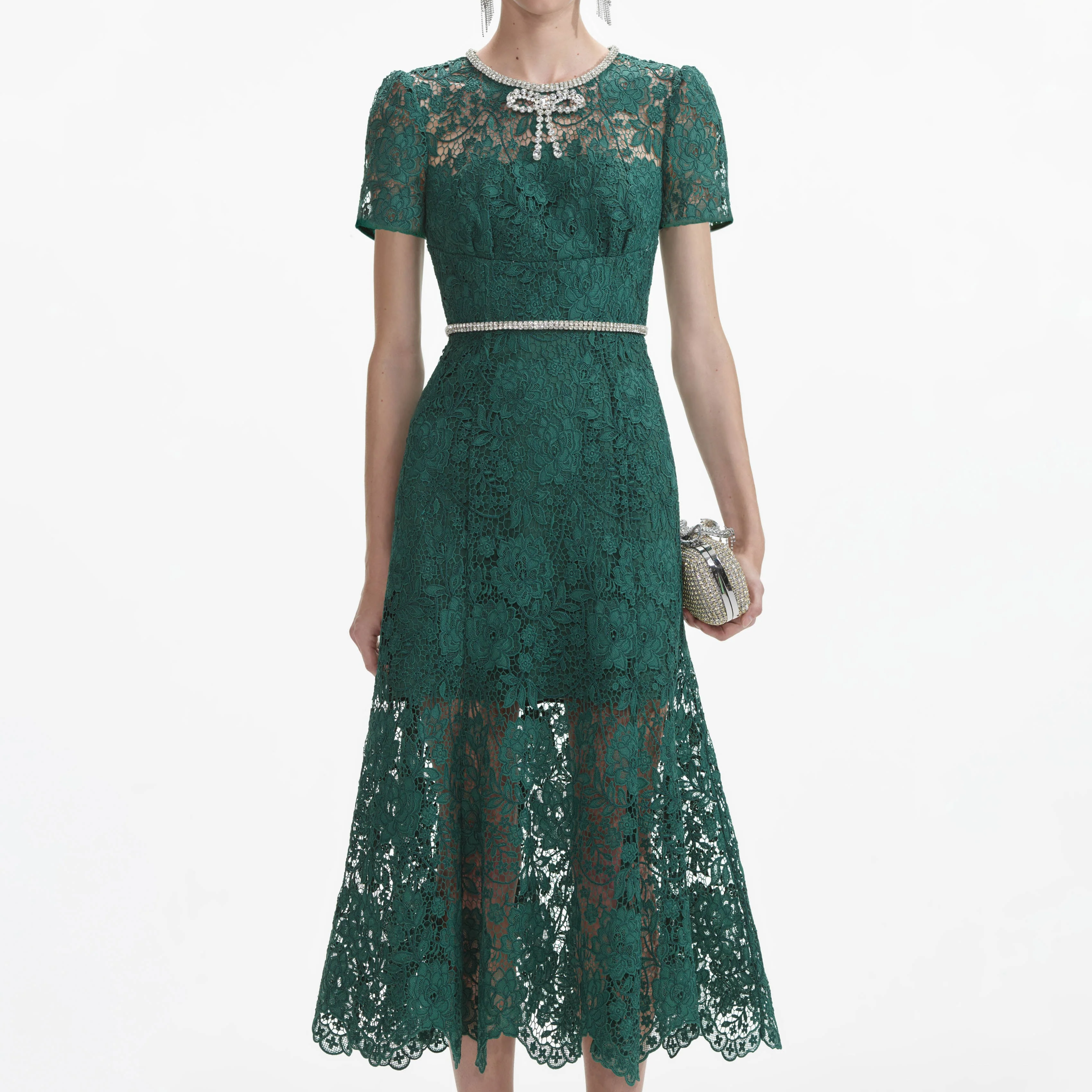 Green Lace Diamante Bow Midi Dress