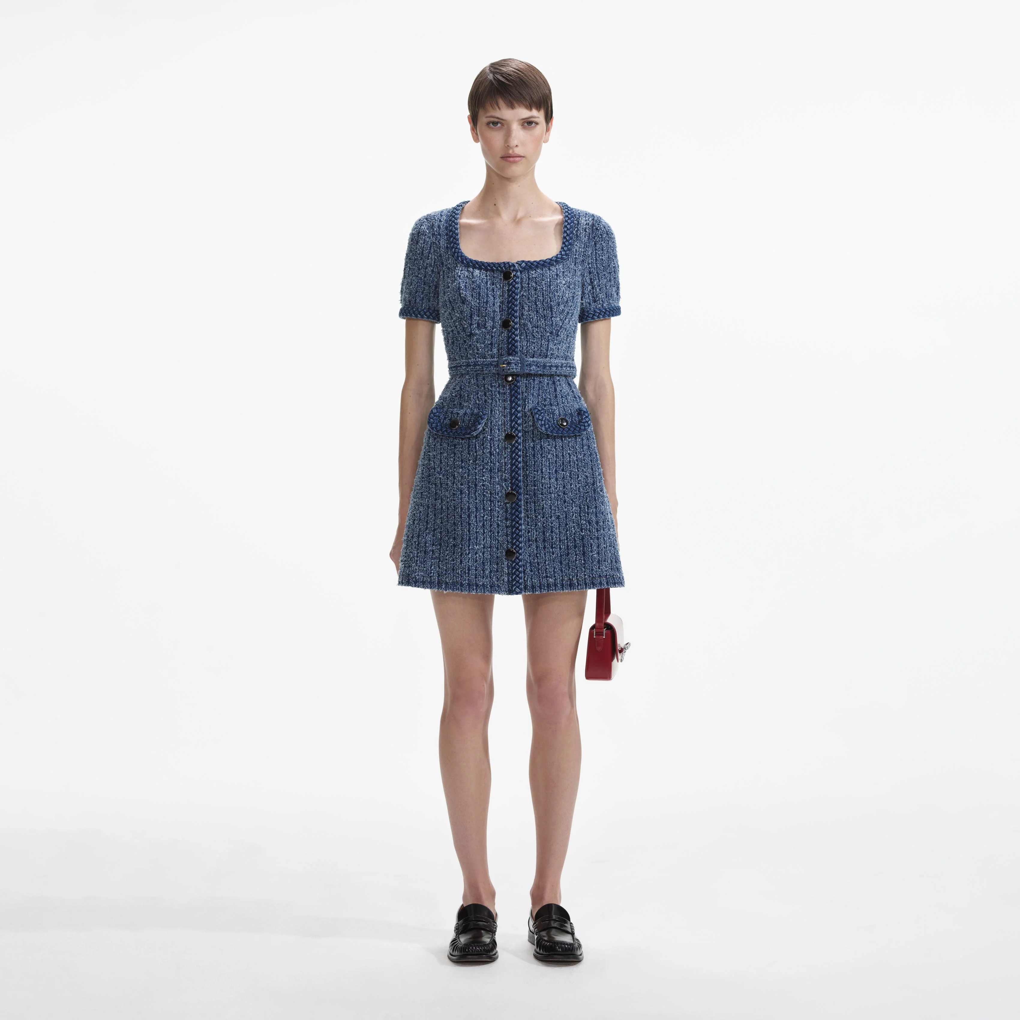 Textured Denim Short Sleeve Mini Dress