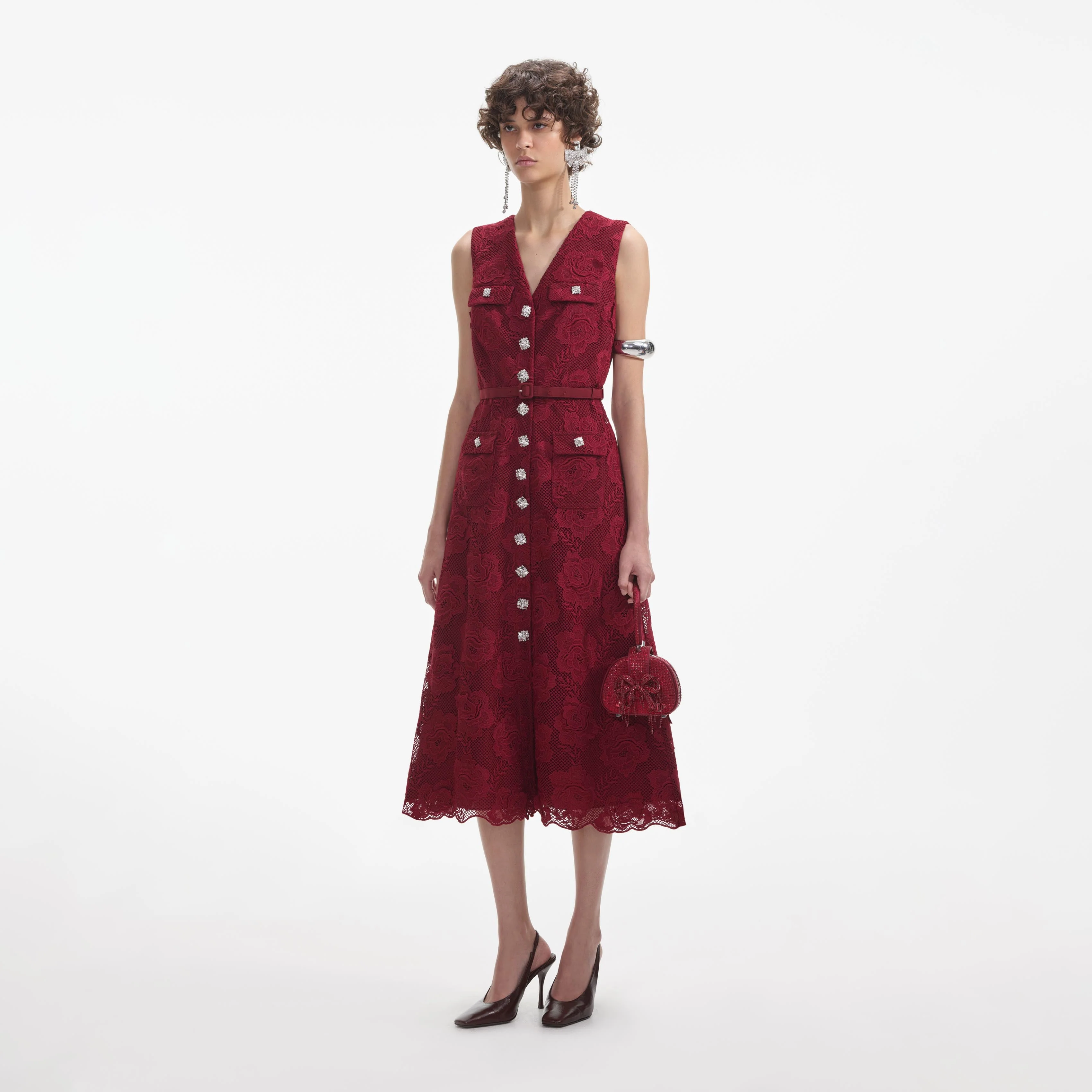 Burgundy Lace Buttoned Midi Dress