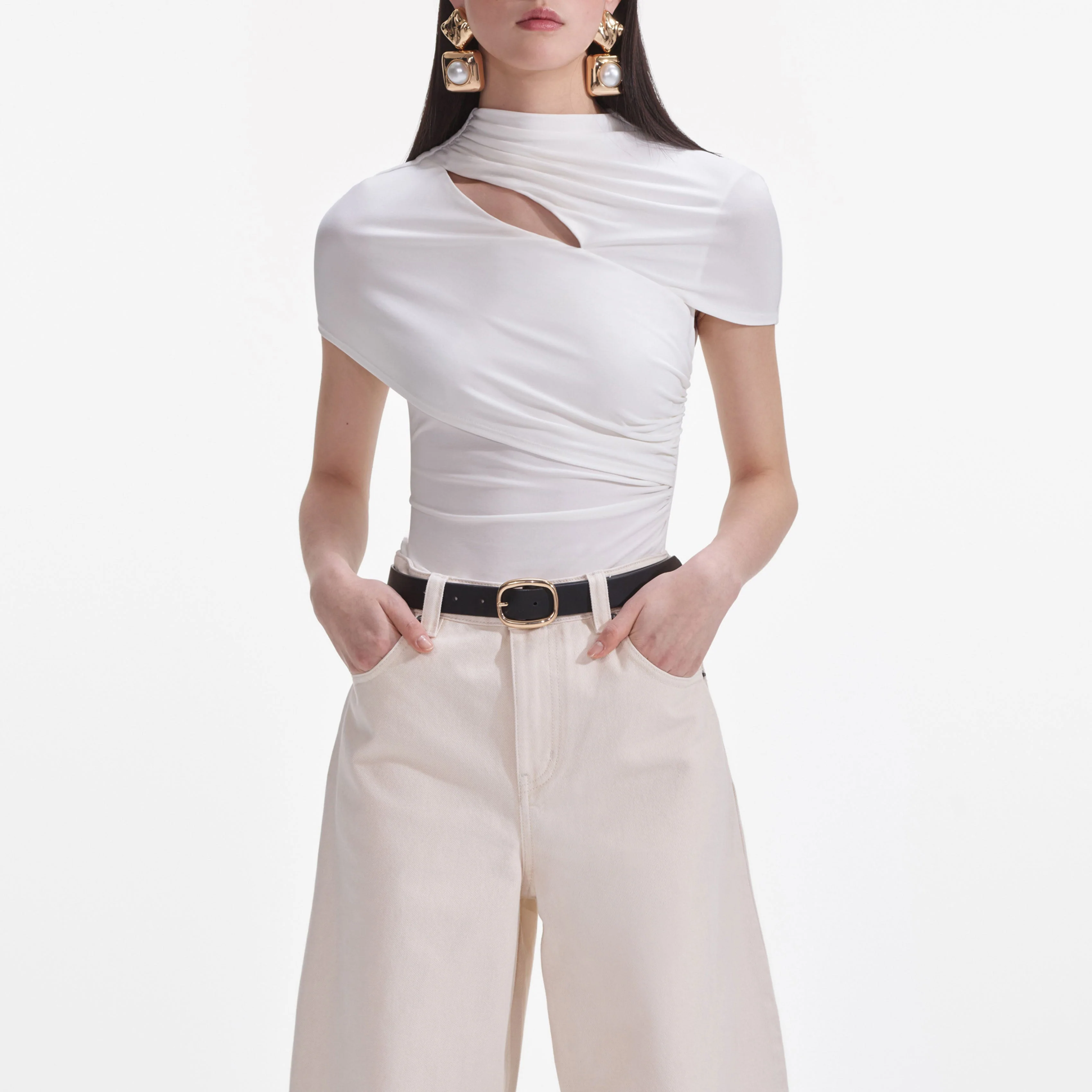 Cream Jersey Gathered Top