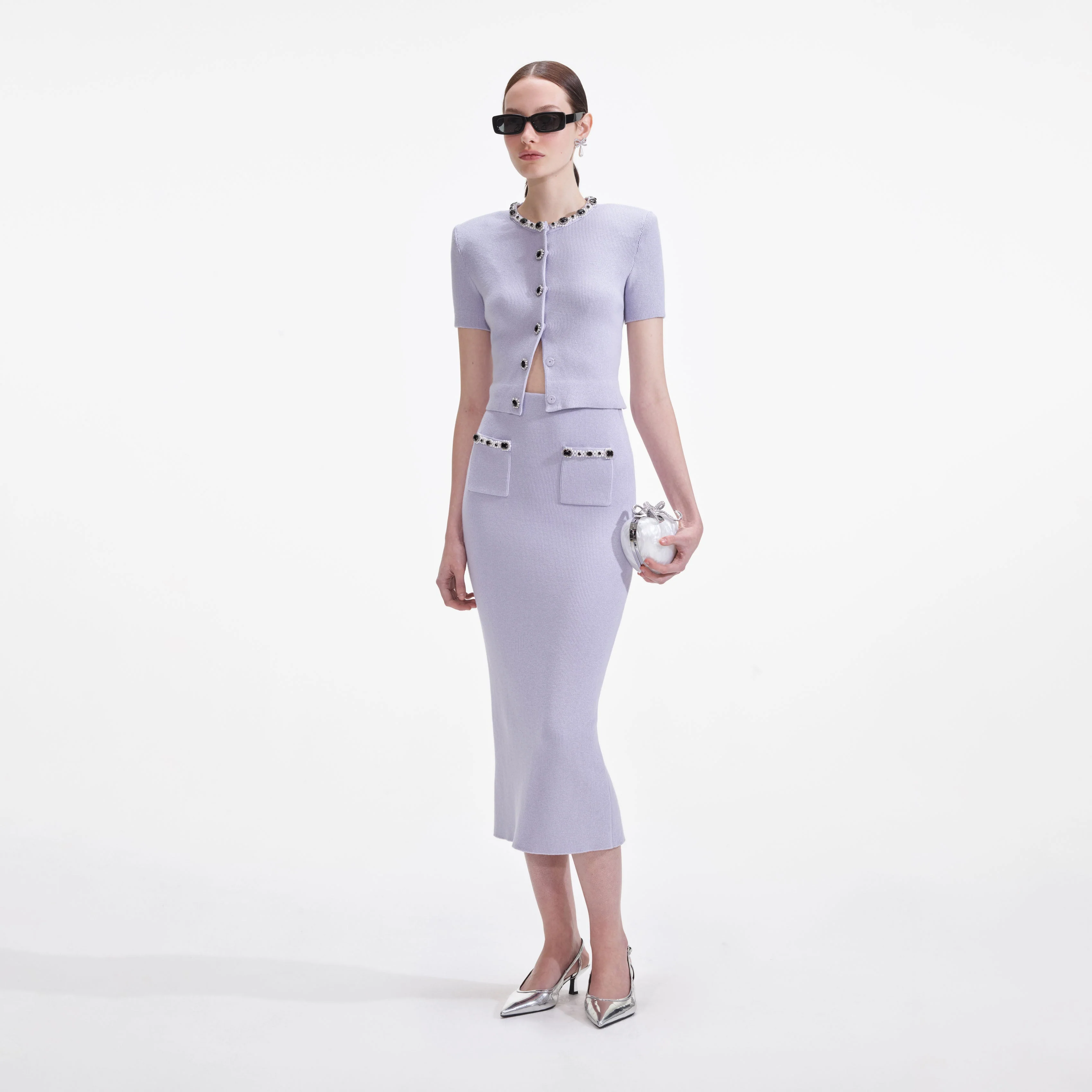 Lilac Embellished Knit Midi Skirt