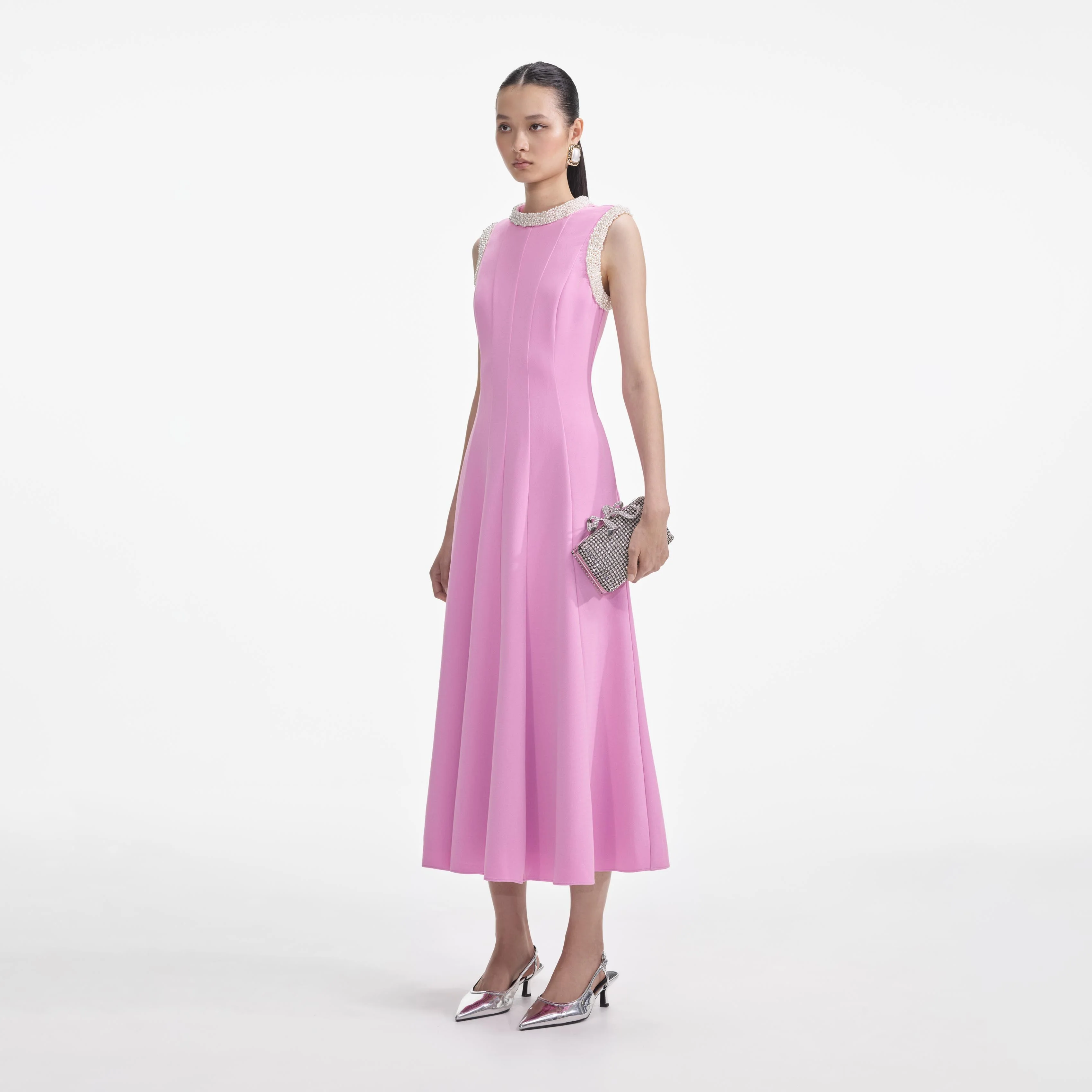 Pink Crepe Pearl Trim Midi Dress