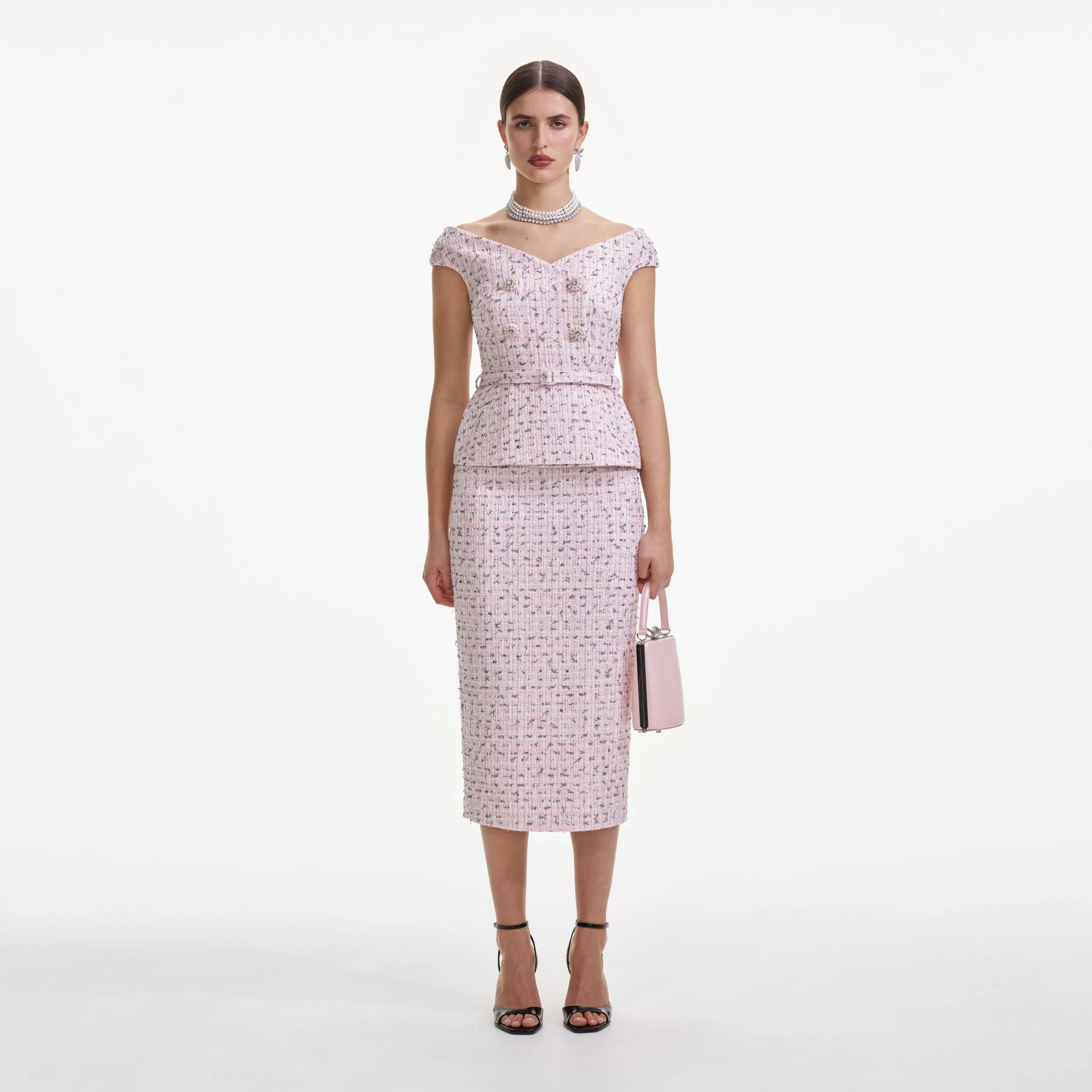Pink Boucle Pearl Midi Dress