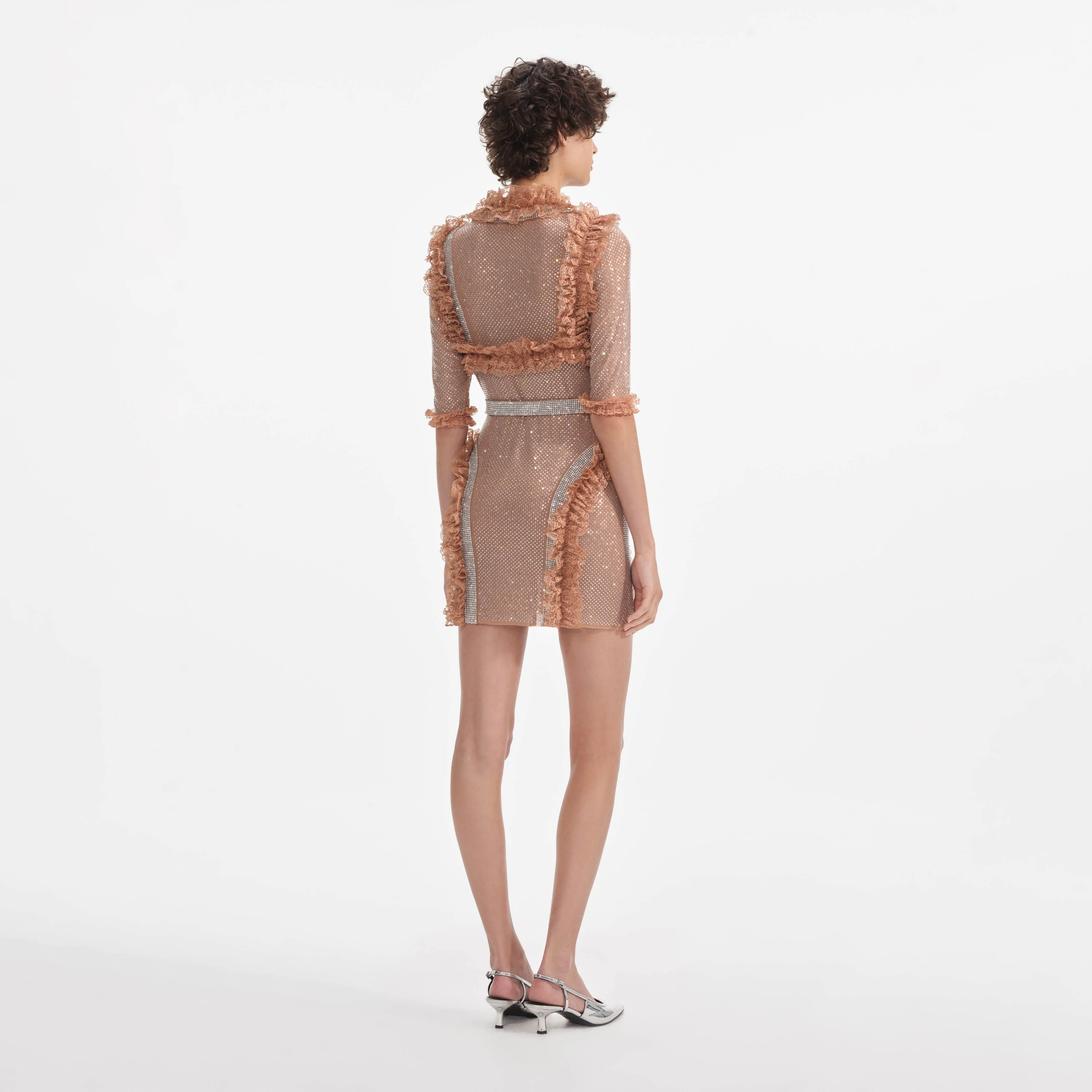 Tan Rhinestone Mesh Ruffle Mini Dress