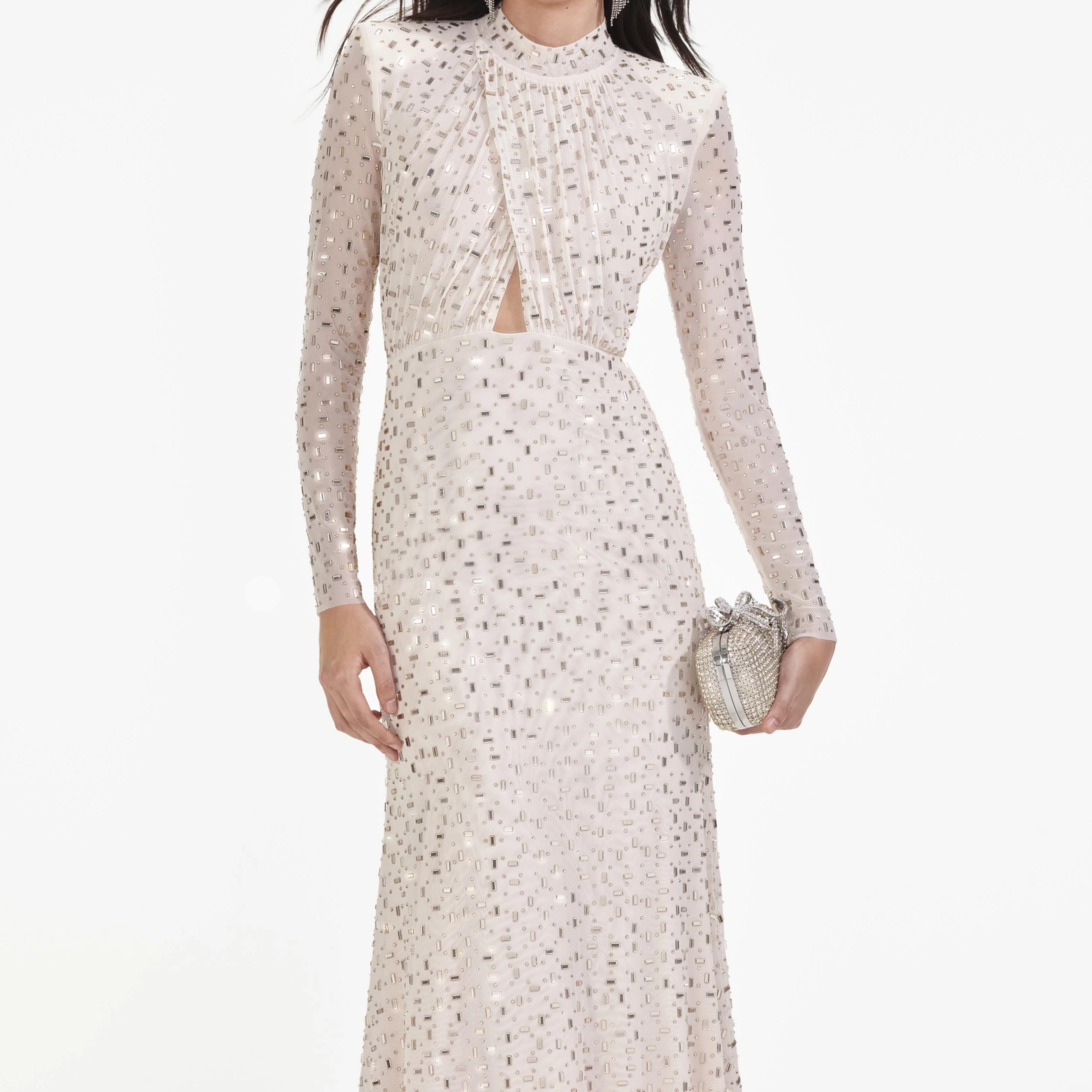Champagne Rhinestone Mesh Midi Dress