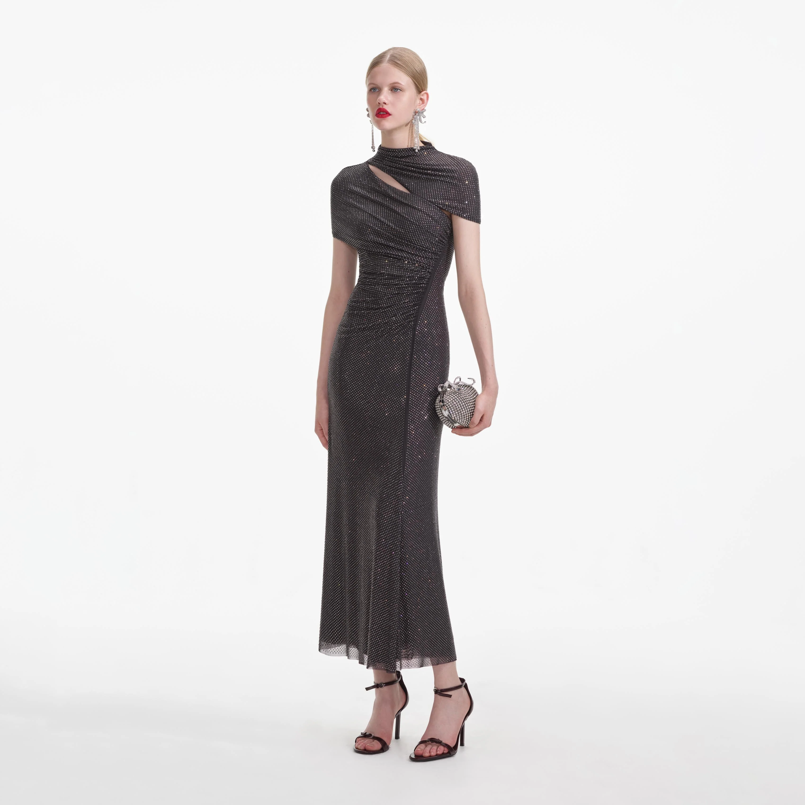 Slate Rhinestone Mesh Cut Out Midi Dress