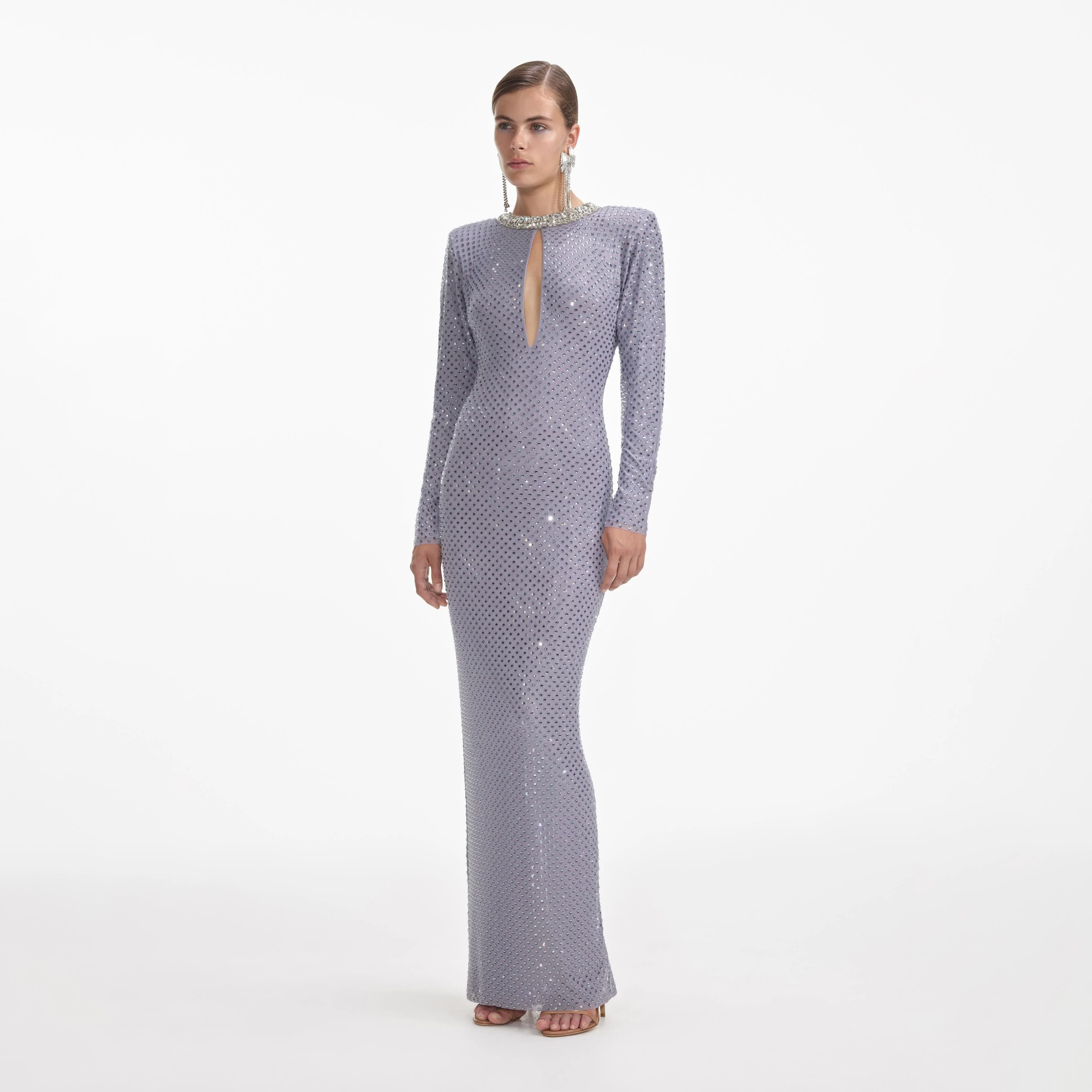 Grey Rhinestone Fishnet Maxi Dress