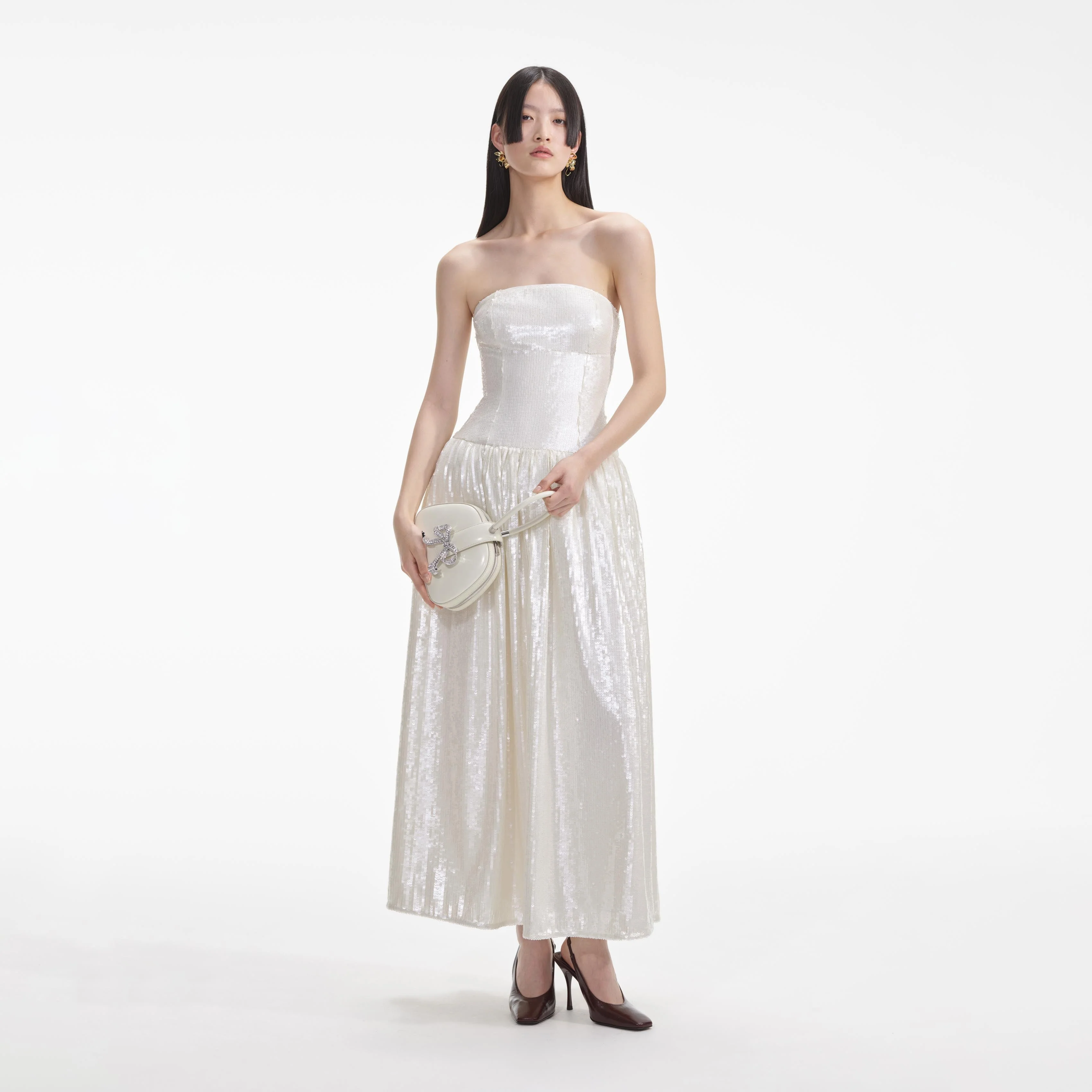 Cream Sequin Bandeau Midi Dress