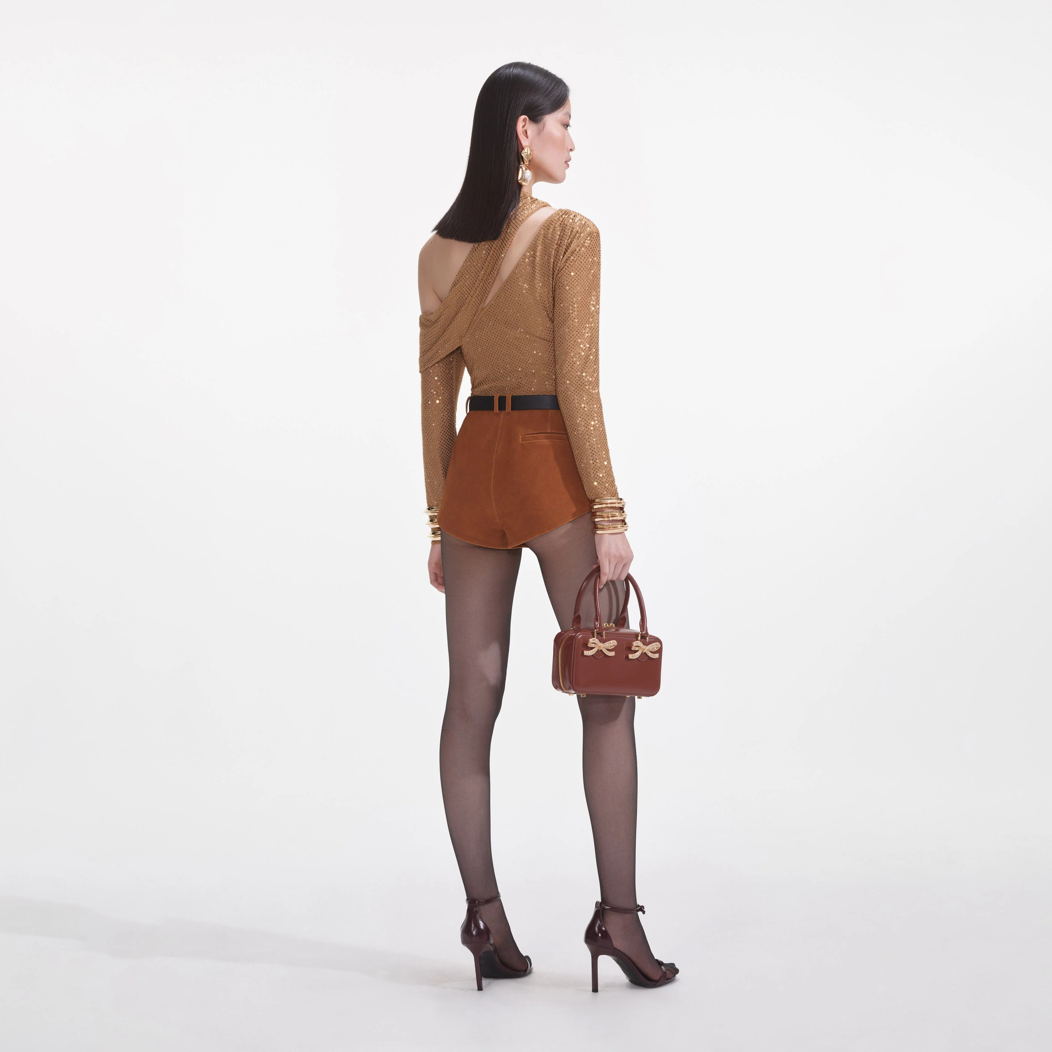 Brown Rhinestone Gathered Top