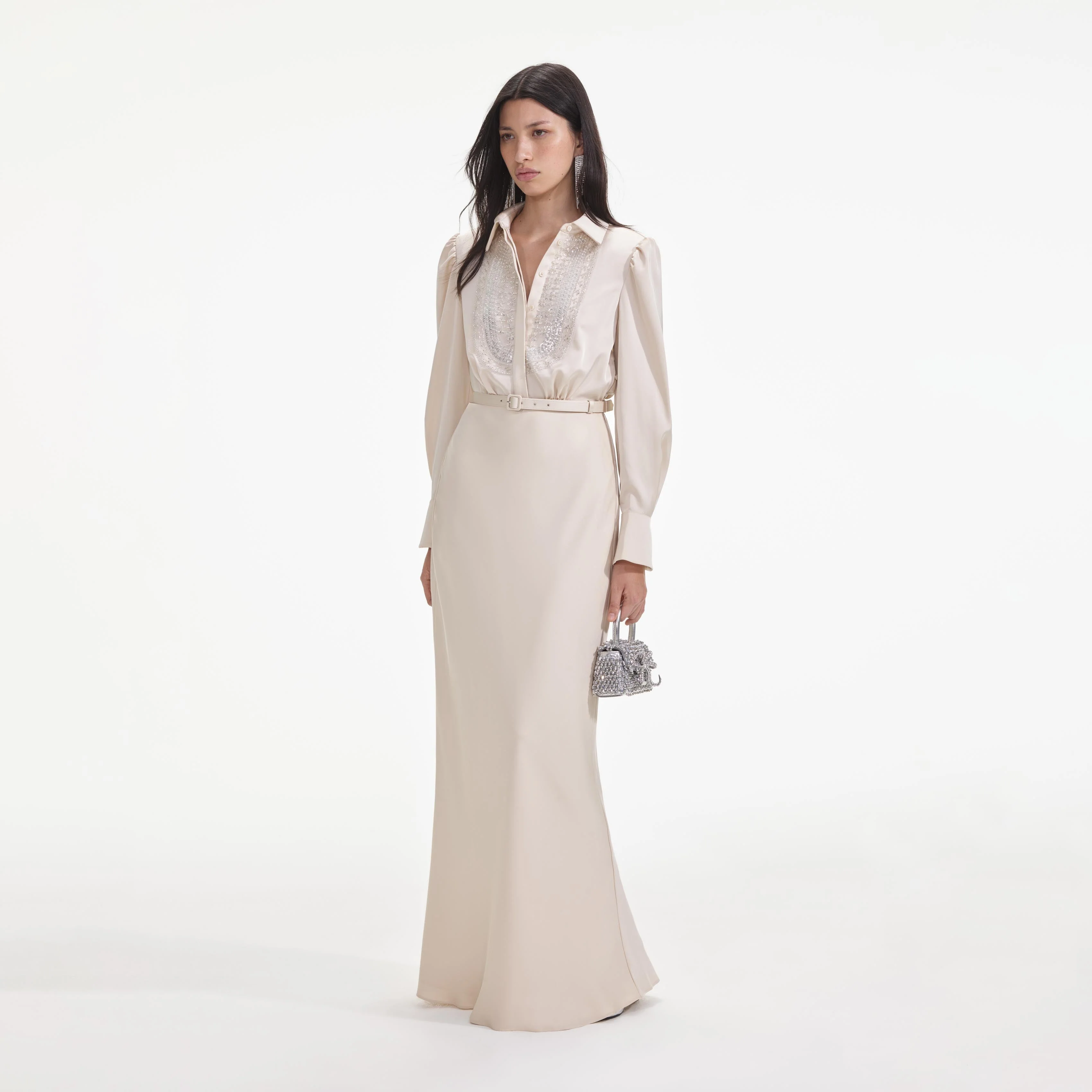 Cream Satin Embellished Bib Maxi Dress