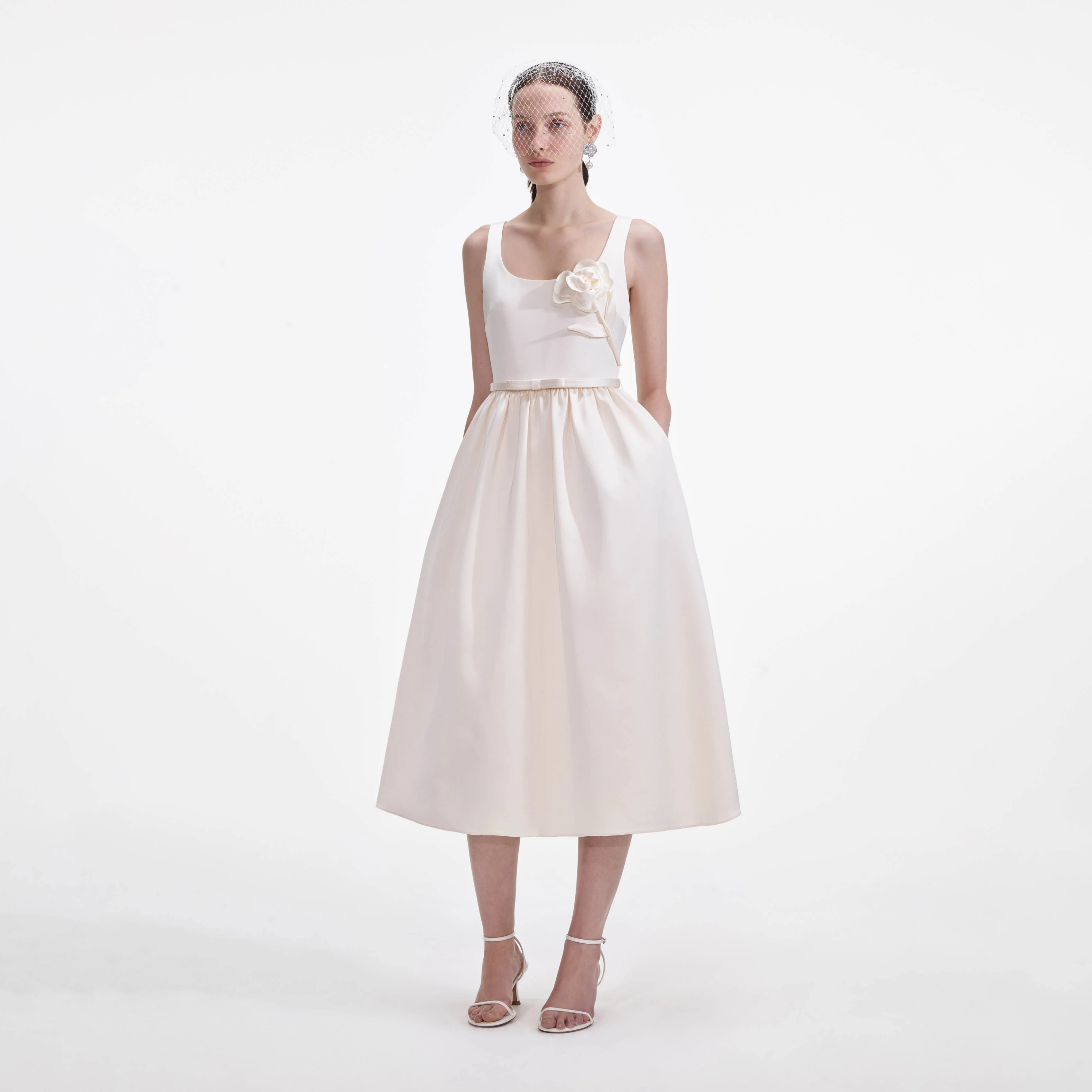 Cream Satin Flower Midi Dress