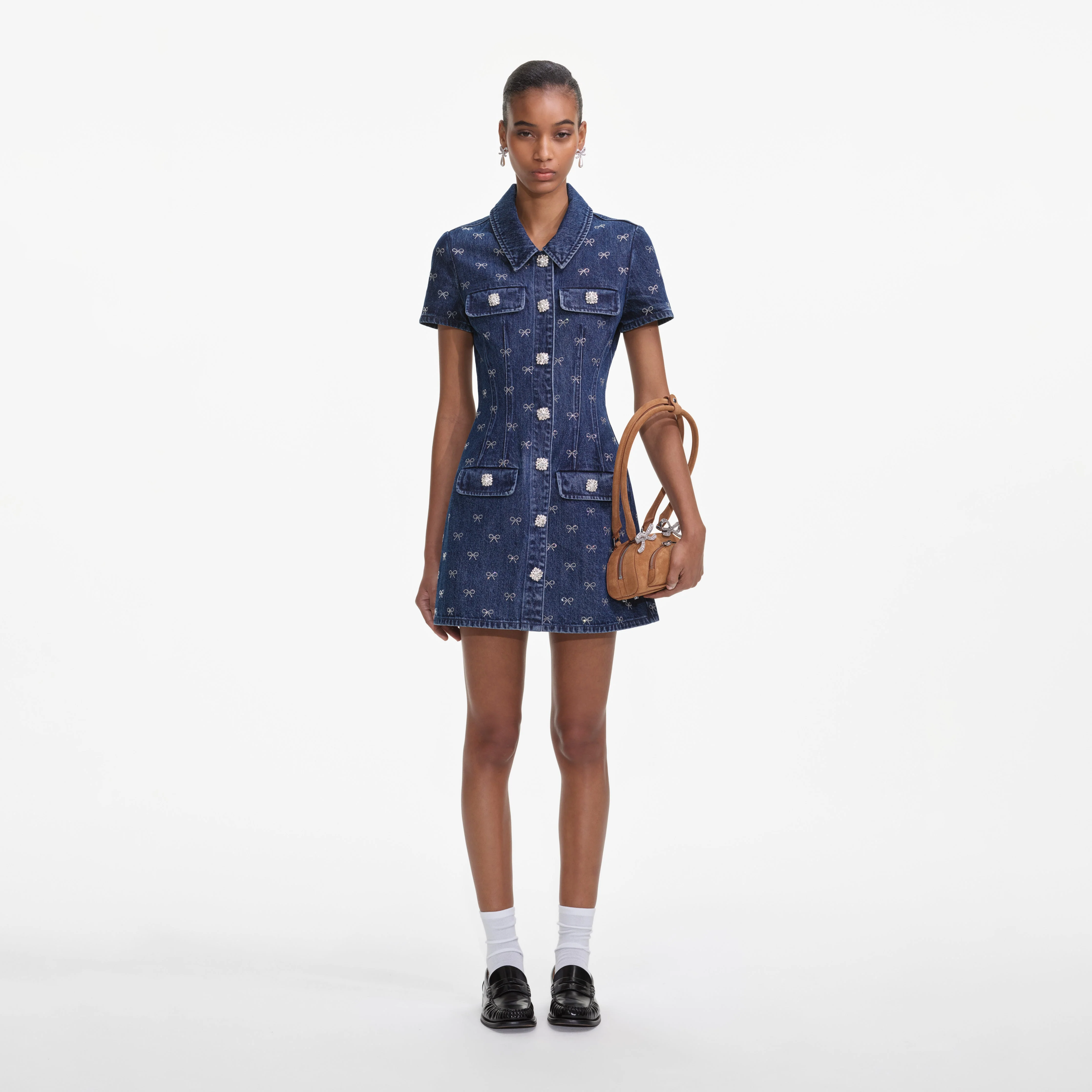 Denim Diamante Bow Collared Mini Dress