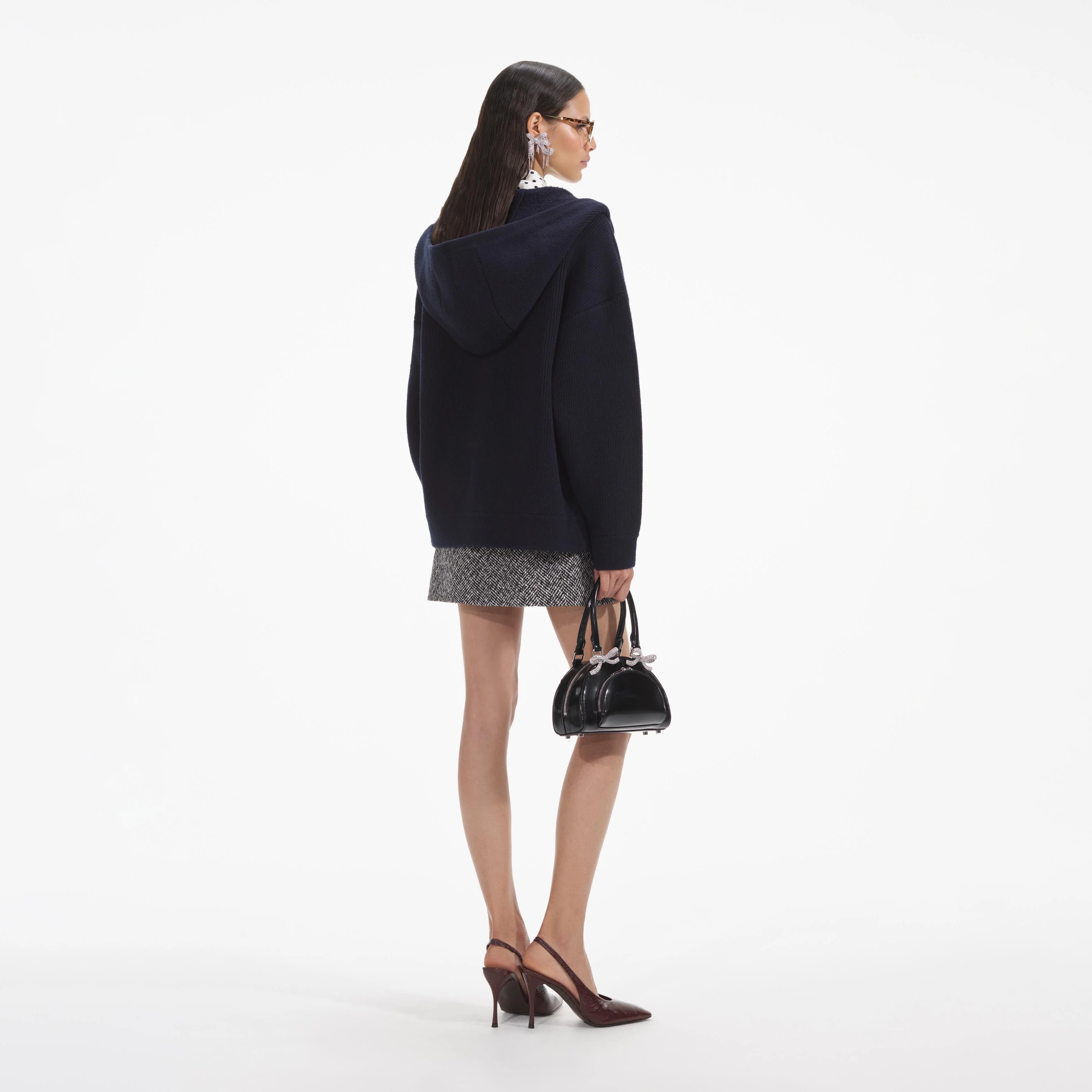 Navy Knit Diamante Trim Hoodie