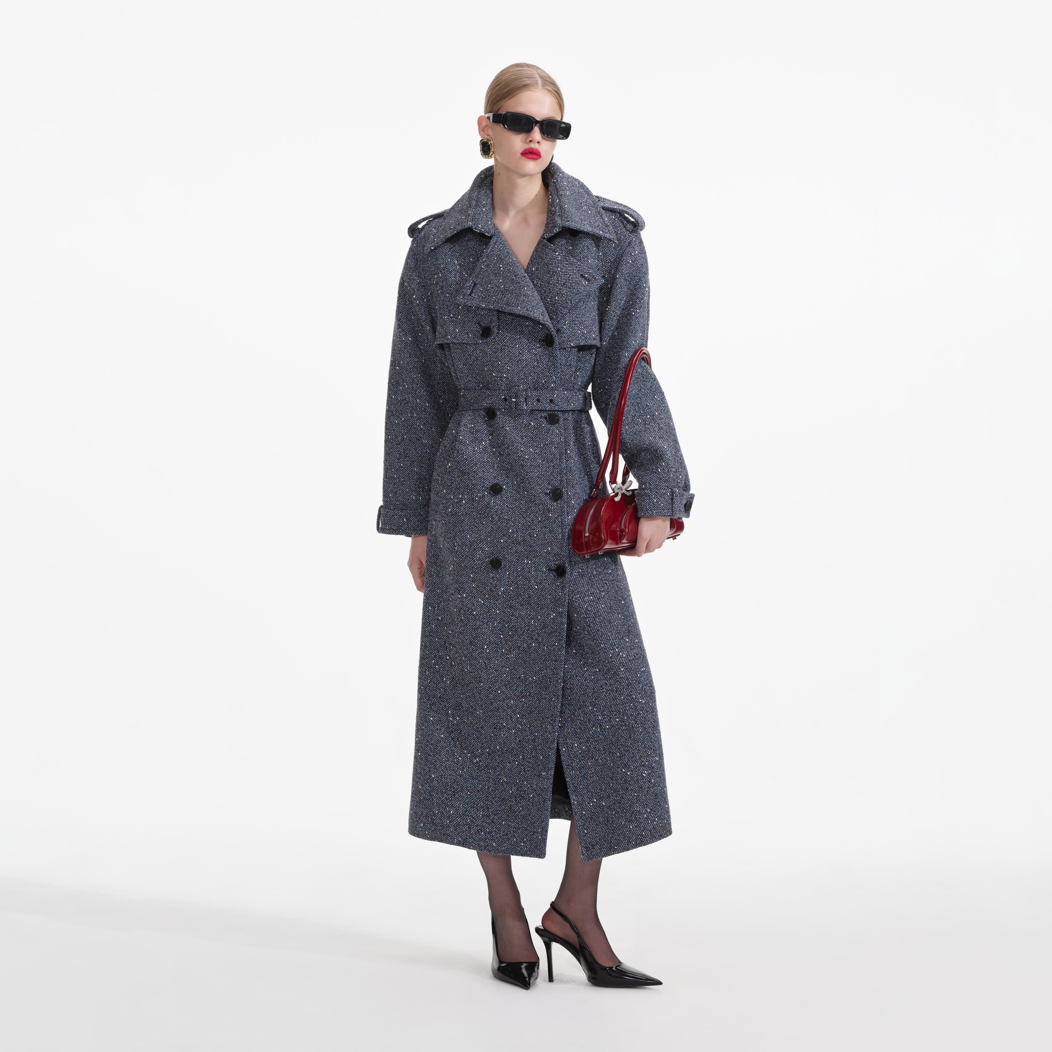 Blue Boucle Trench Coat