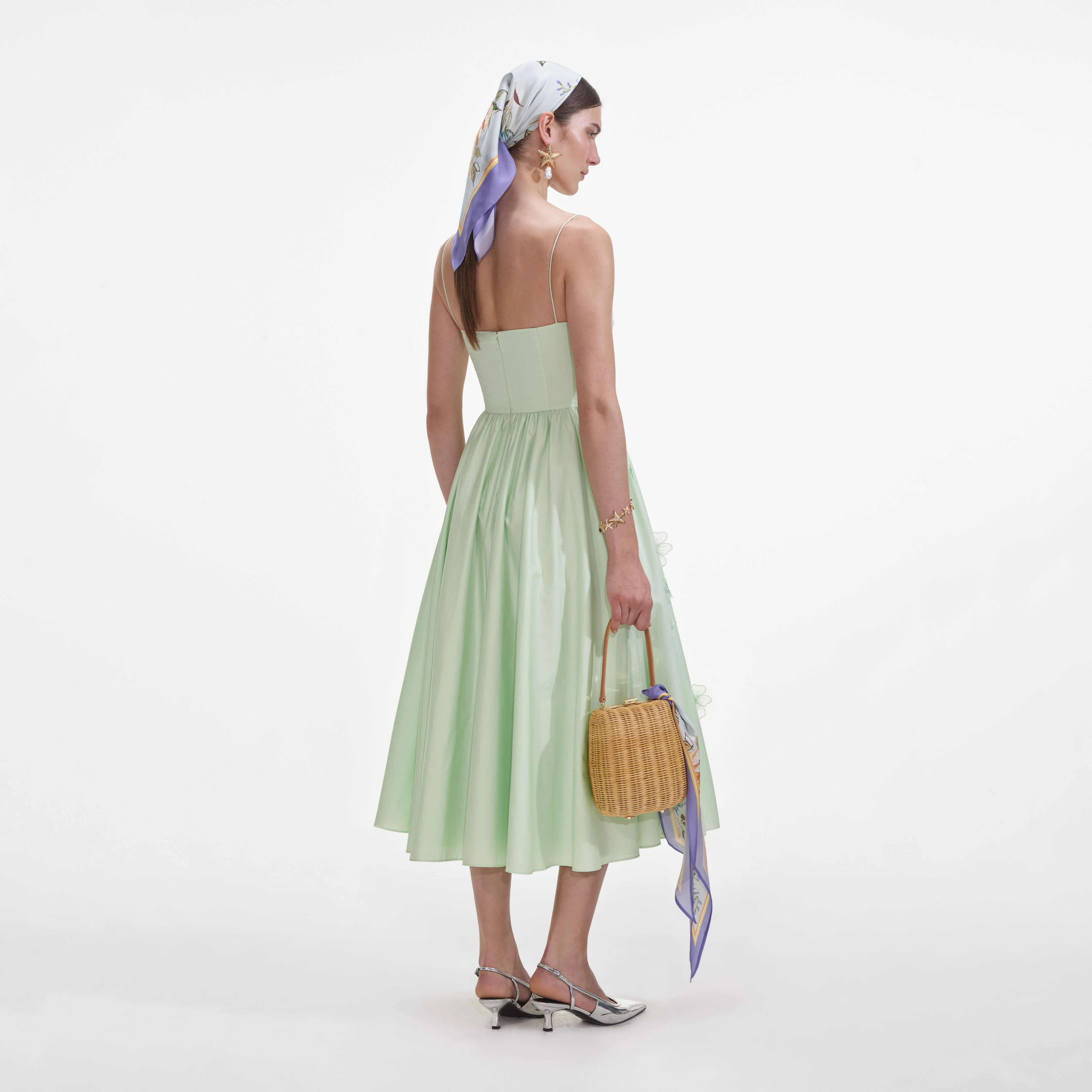 Green Cotton Flower Midi Dress