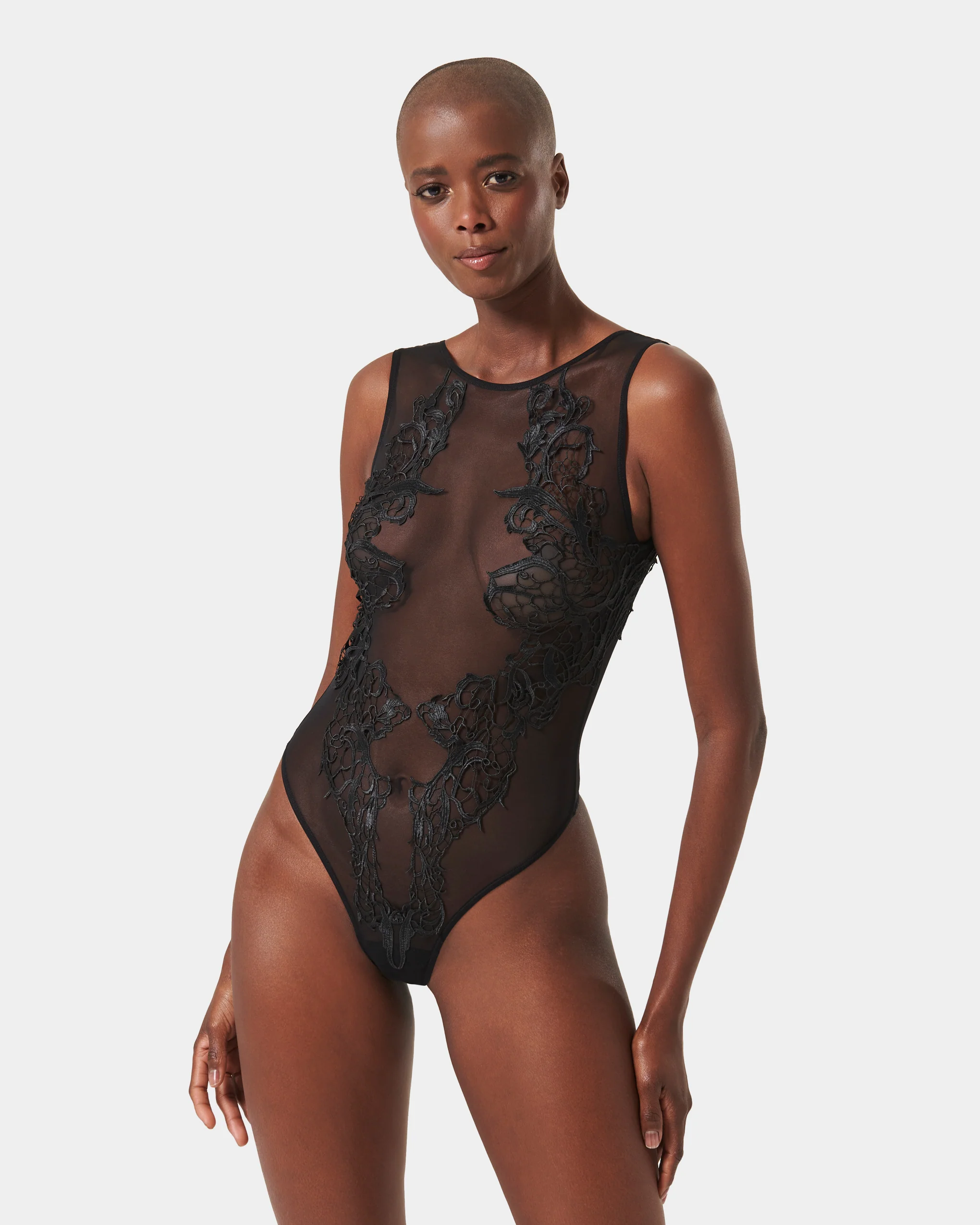 Etienne Embroidered Sheer Bodysuit Black