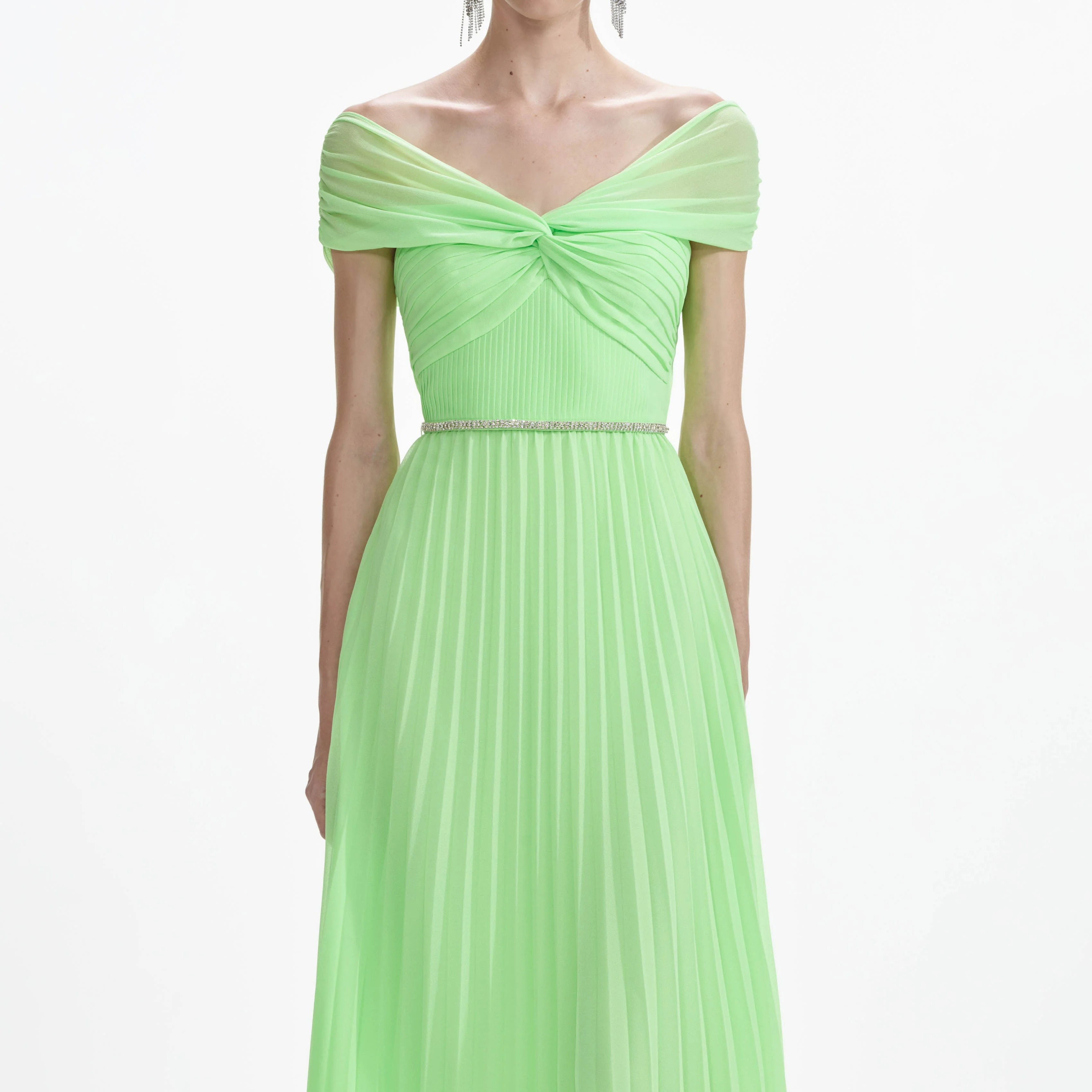 Green Off Shoulder Chiffon Midi Dress