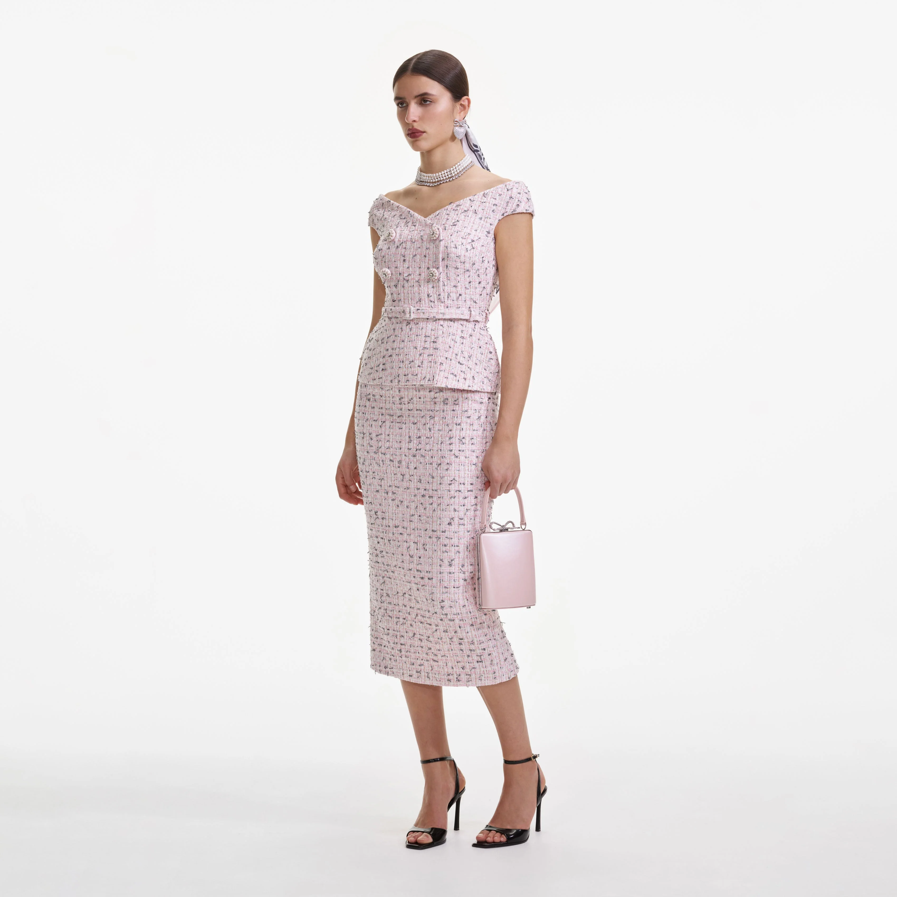 Pink Boucle Pearl Midi Dress