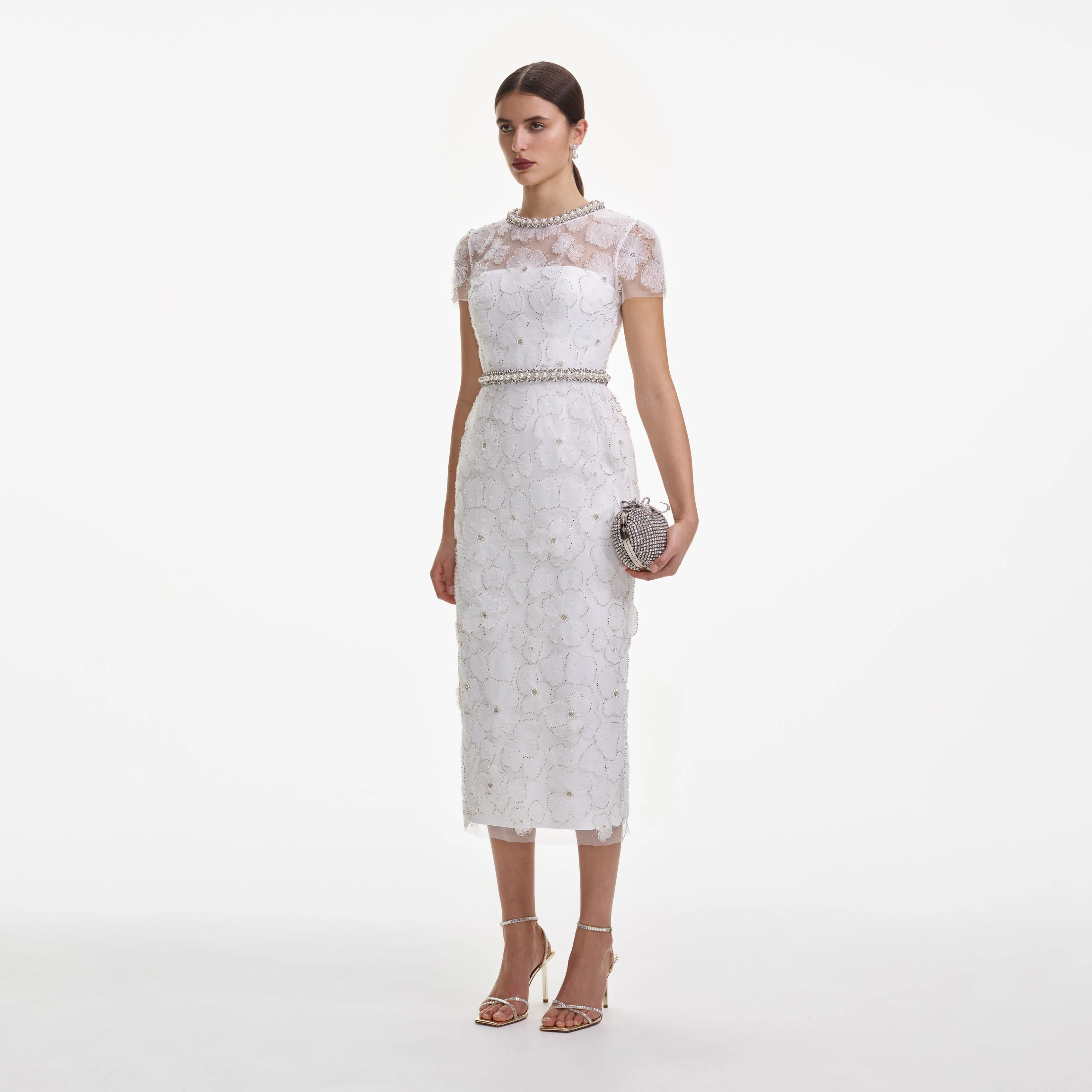 White Embellished Tulle Midi Dress