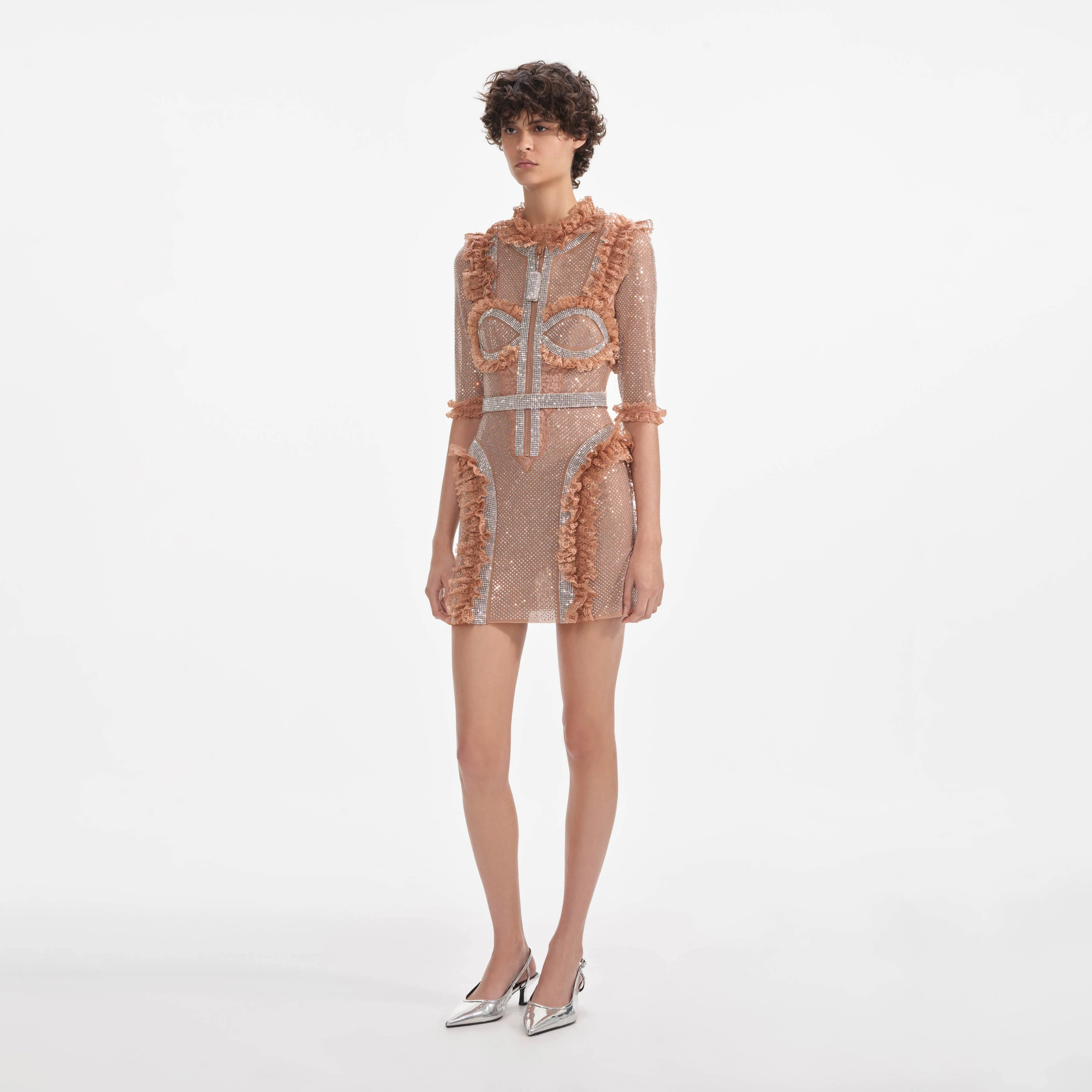 Tan Rhinestone Mesh Ruffle Mini Dress