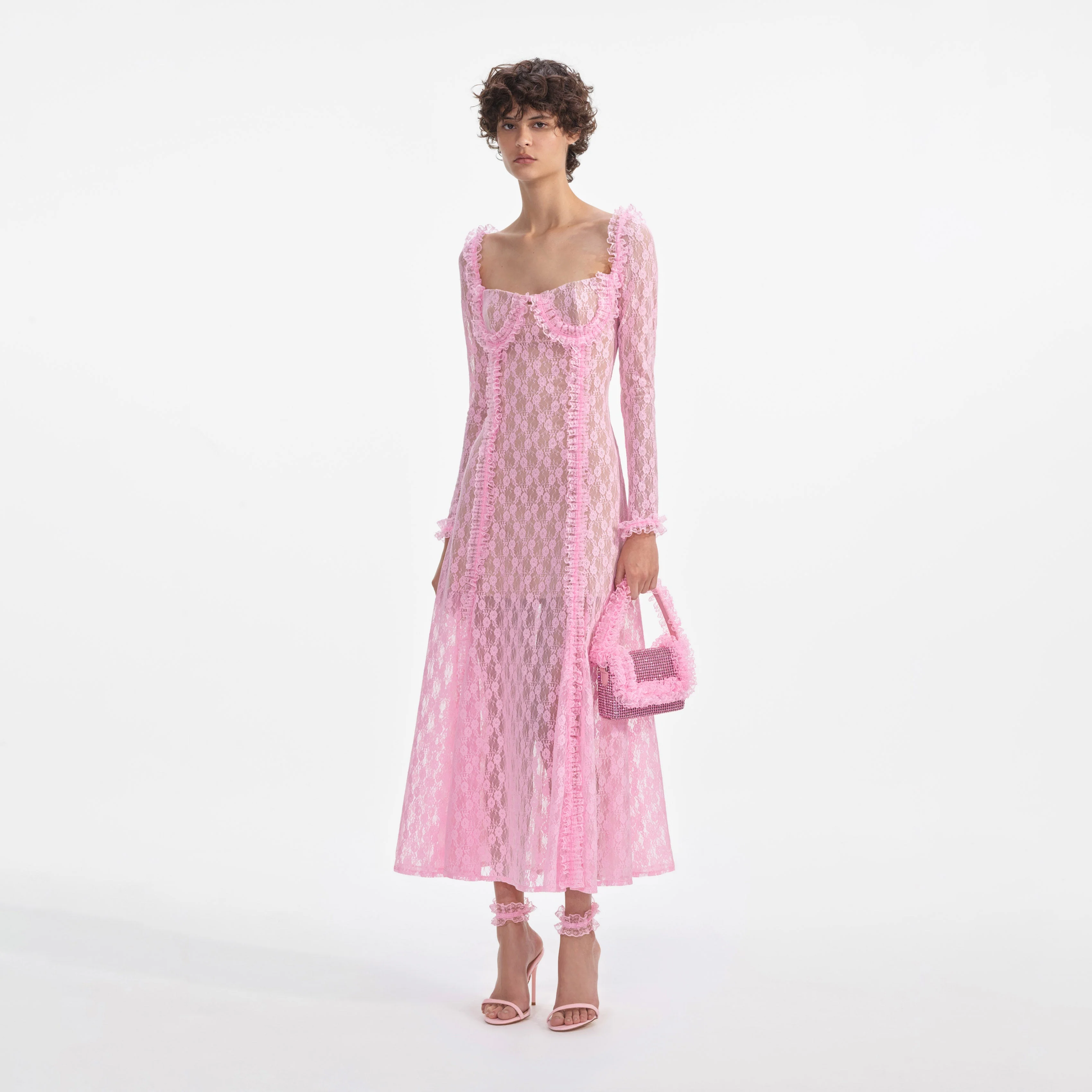 Pink Lace Ruffle Midi Dress