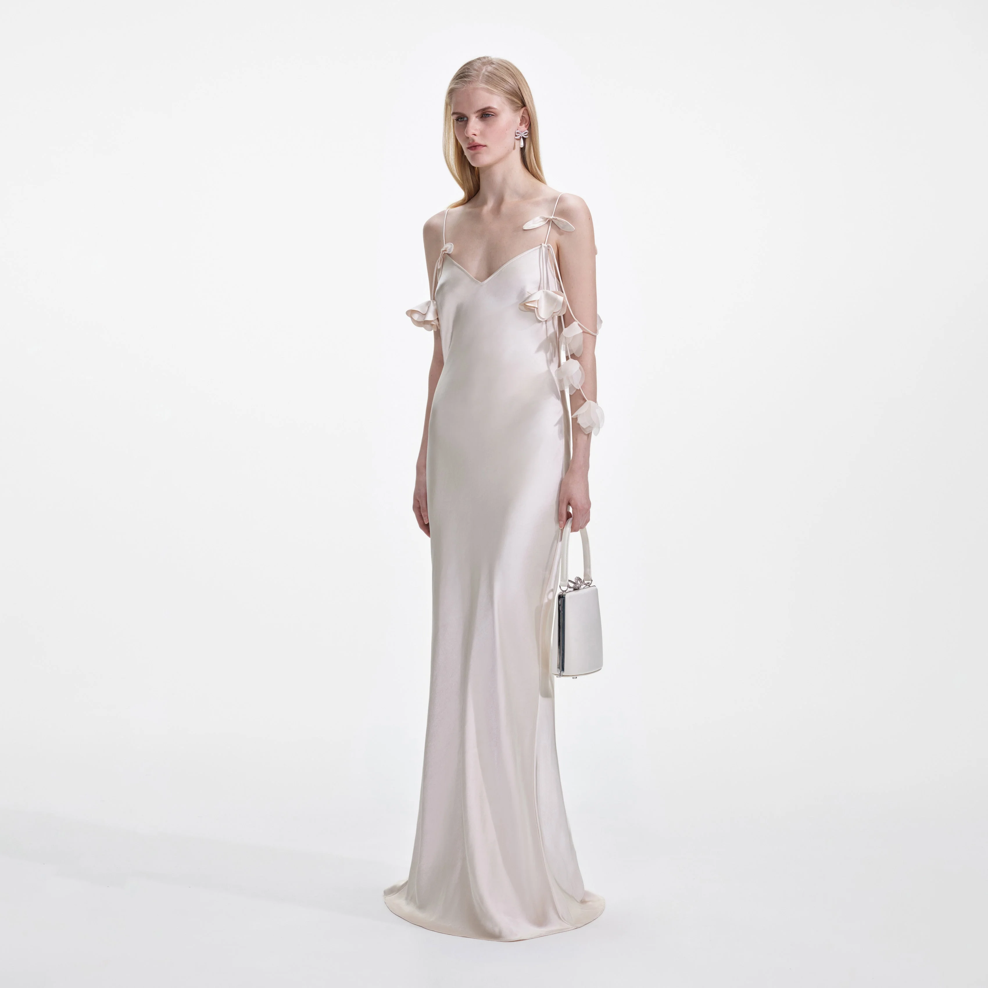 Champagne Flower Satin Maxi Dress