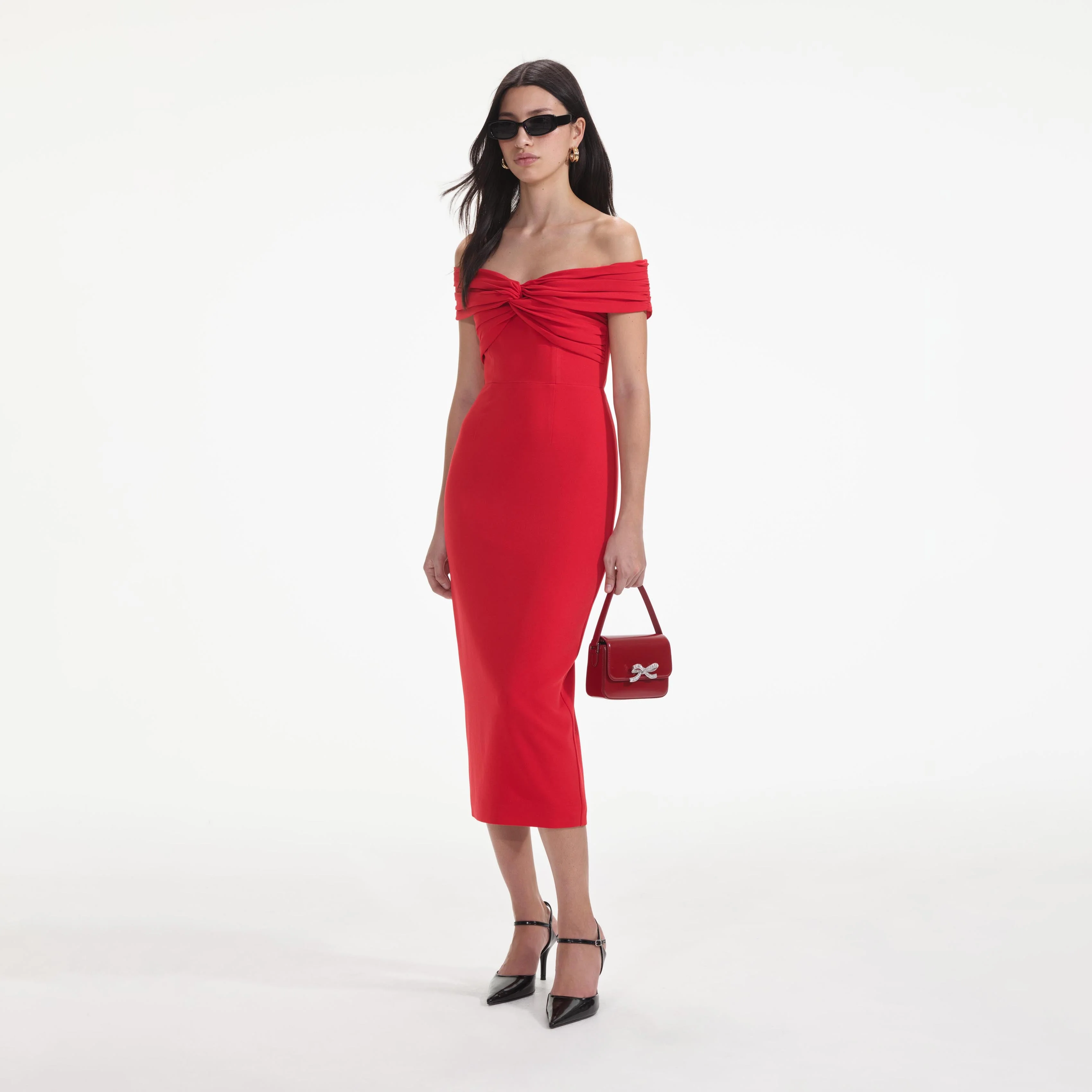 Red Off Shoulder Midi Dress
