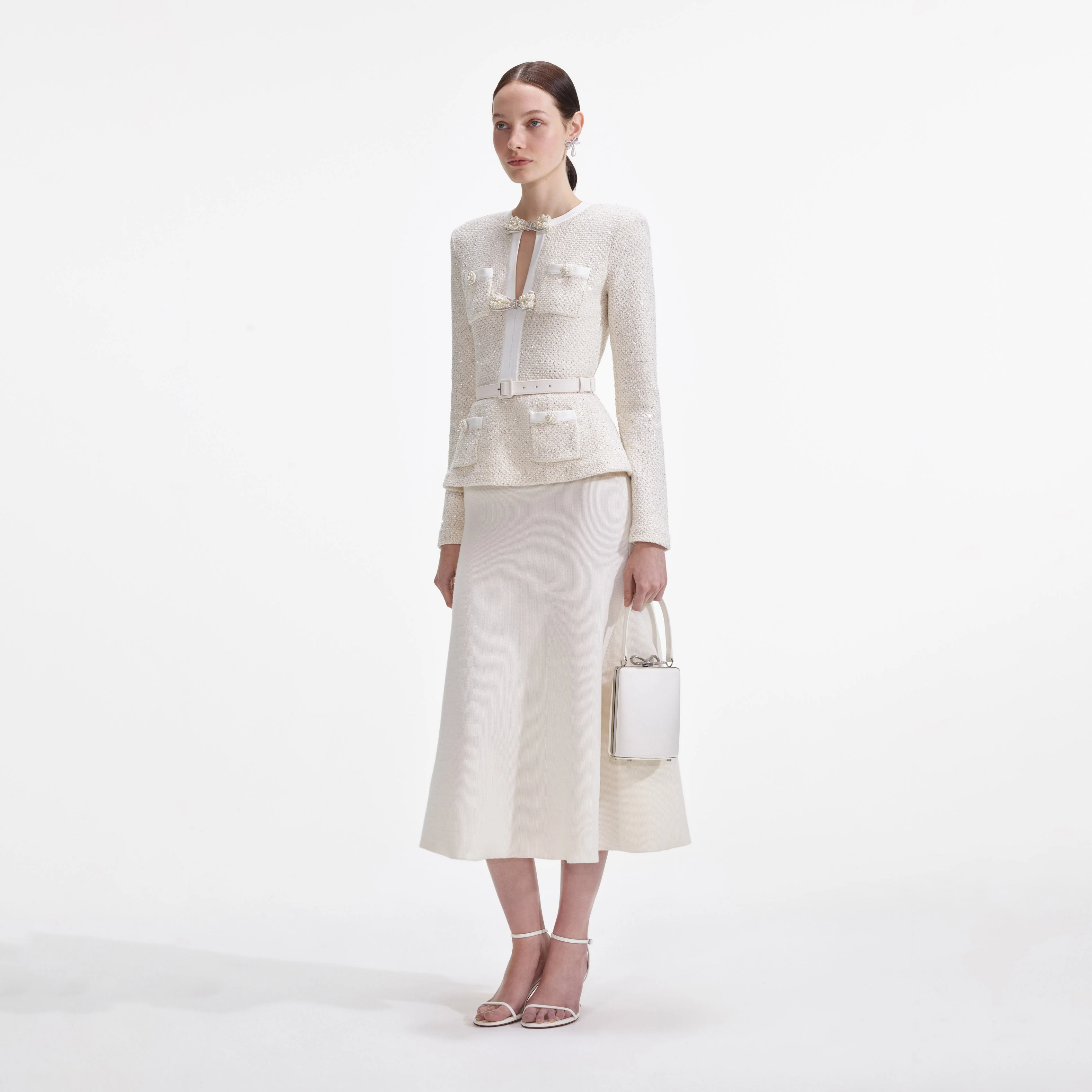 Cream Sequin Knit Tailored Midi Dress