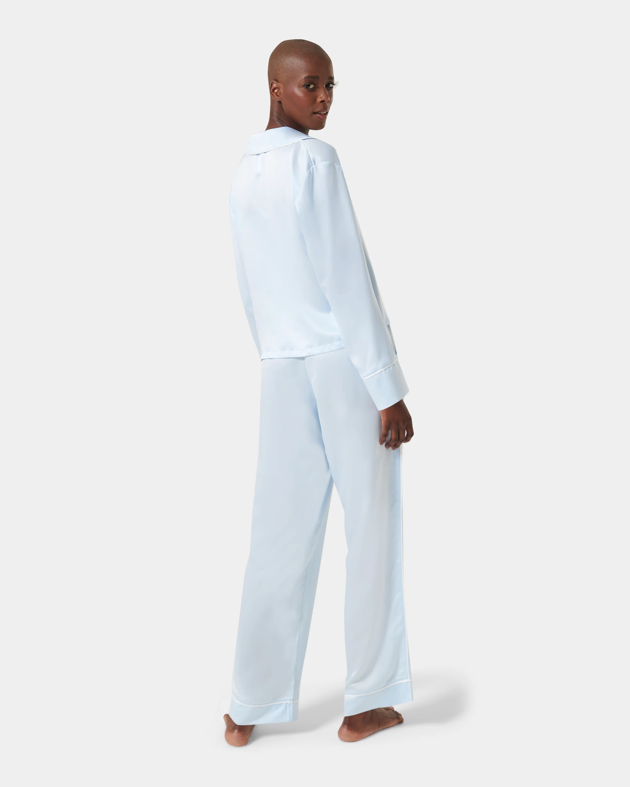 Sara Luxury Satin Long Set Ice Water Blue/White