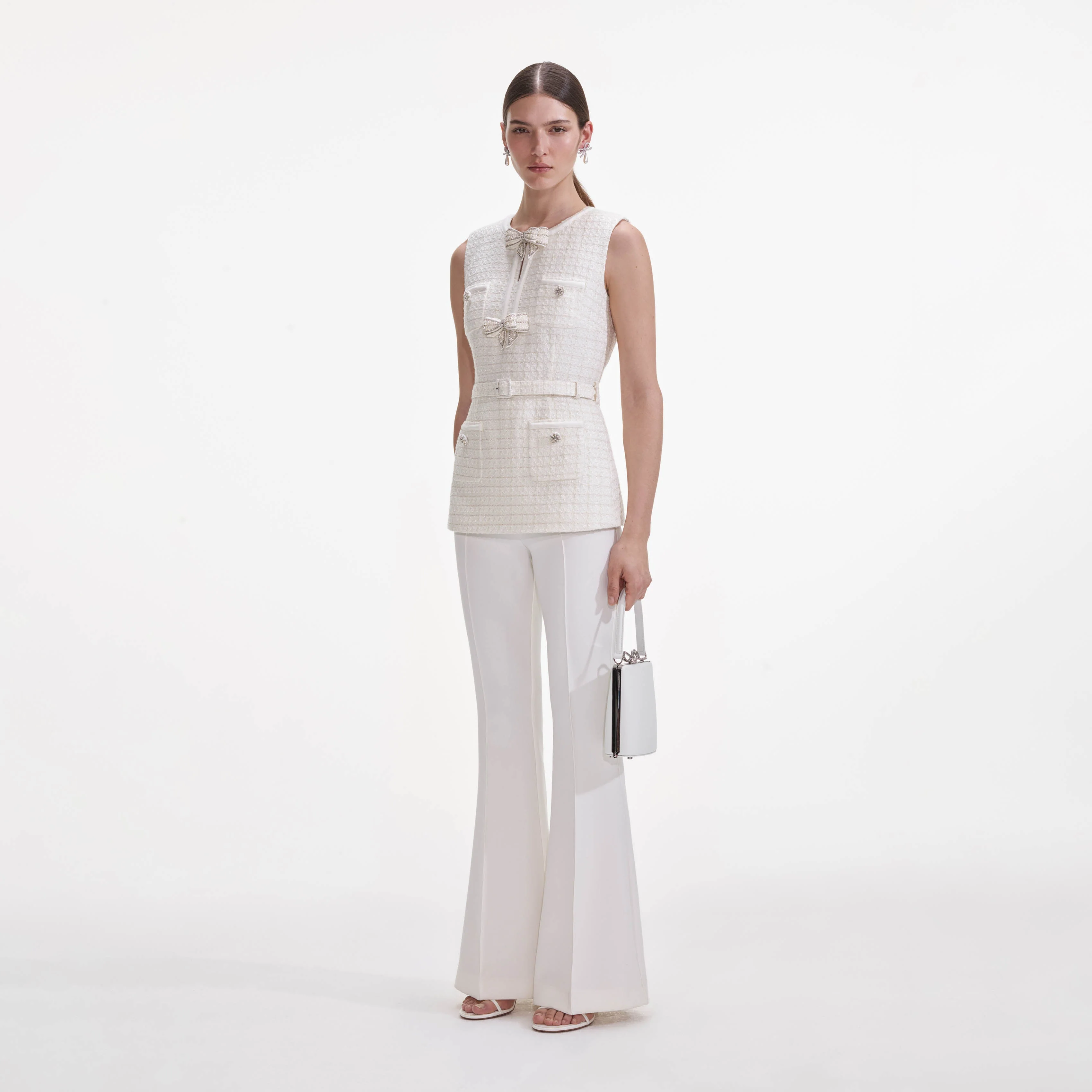 Cream Boucle Bow Jumpsuit