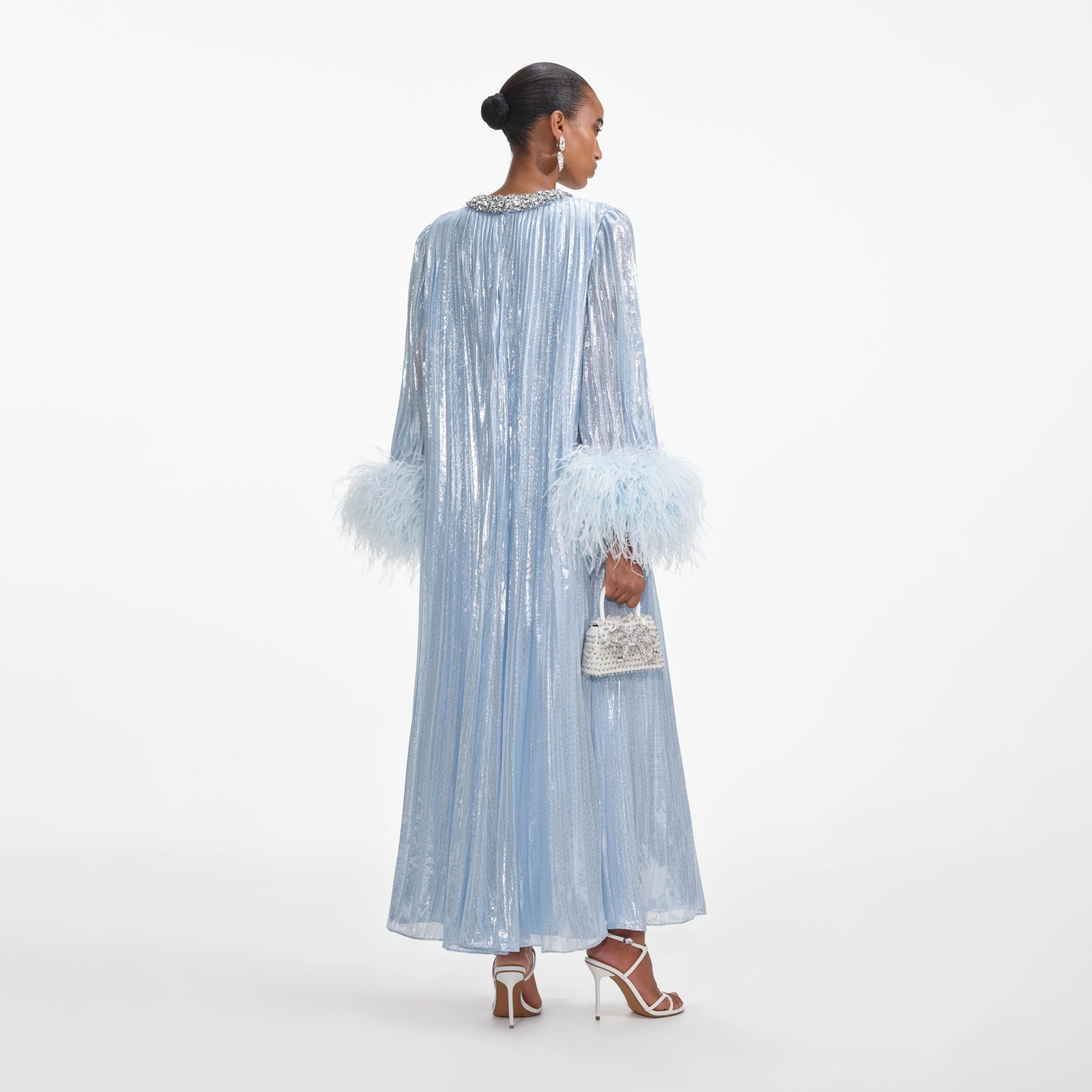 Blue Metallic Chiffon Feather Midi Dress