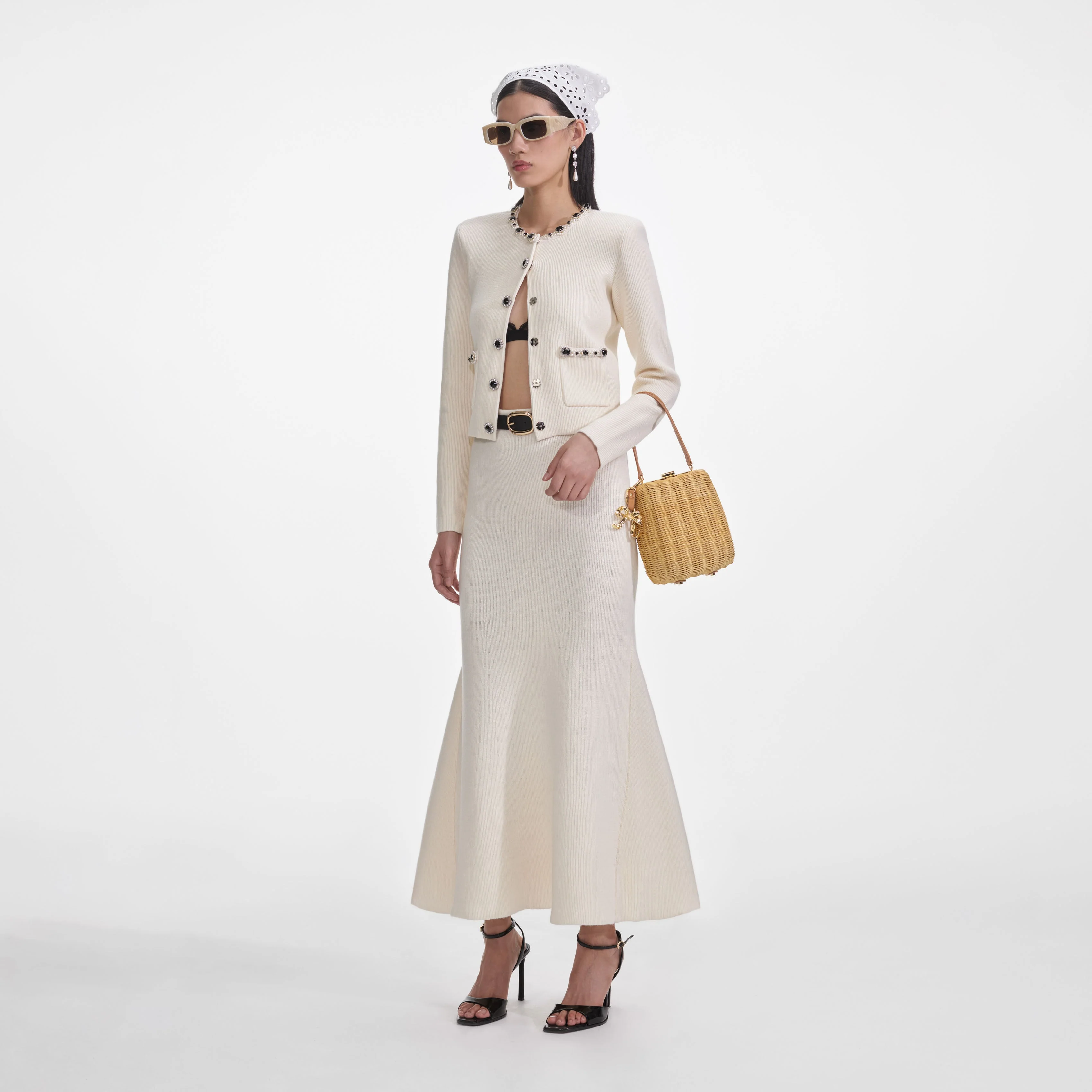 Cream Flared Knit Midi Skirt