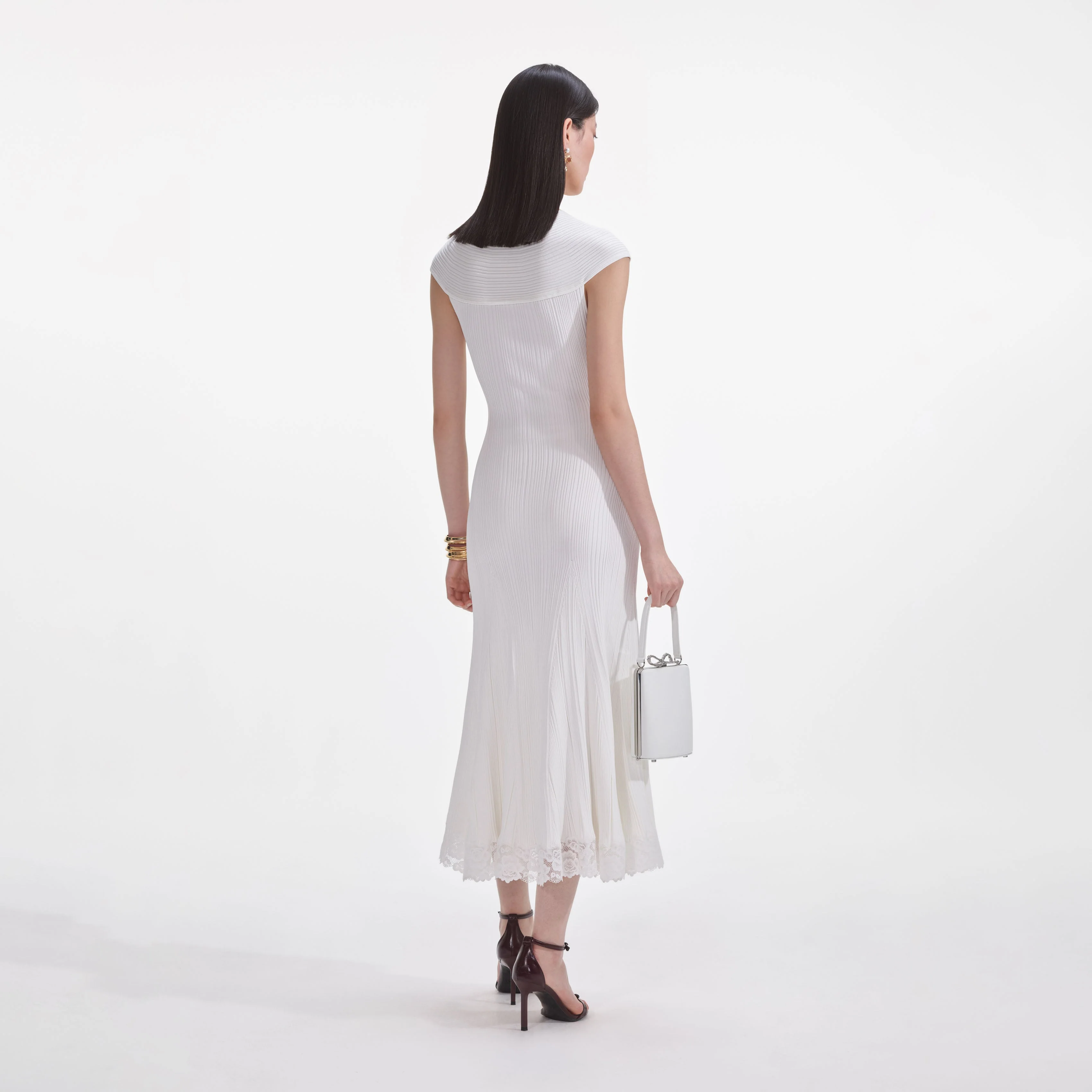 White Knit Lace Insert Midi Dress