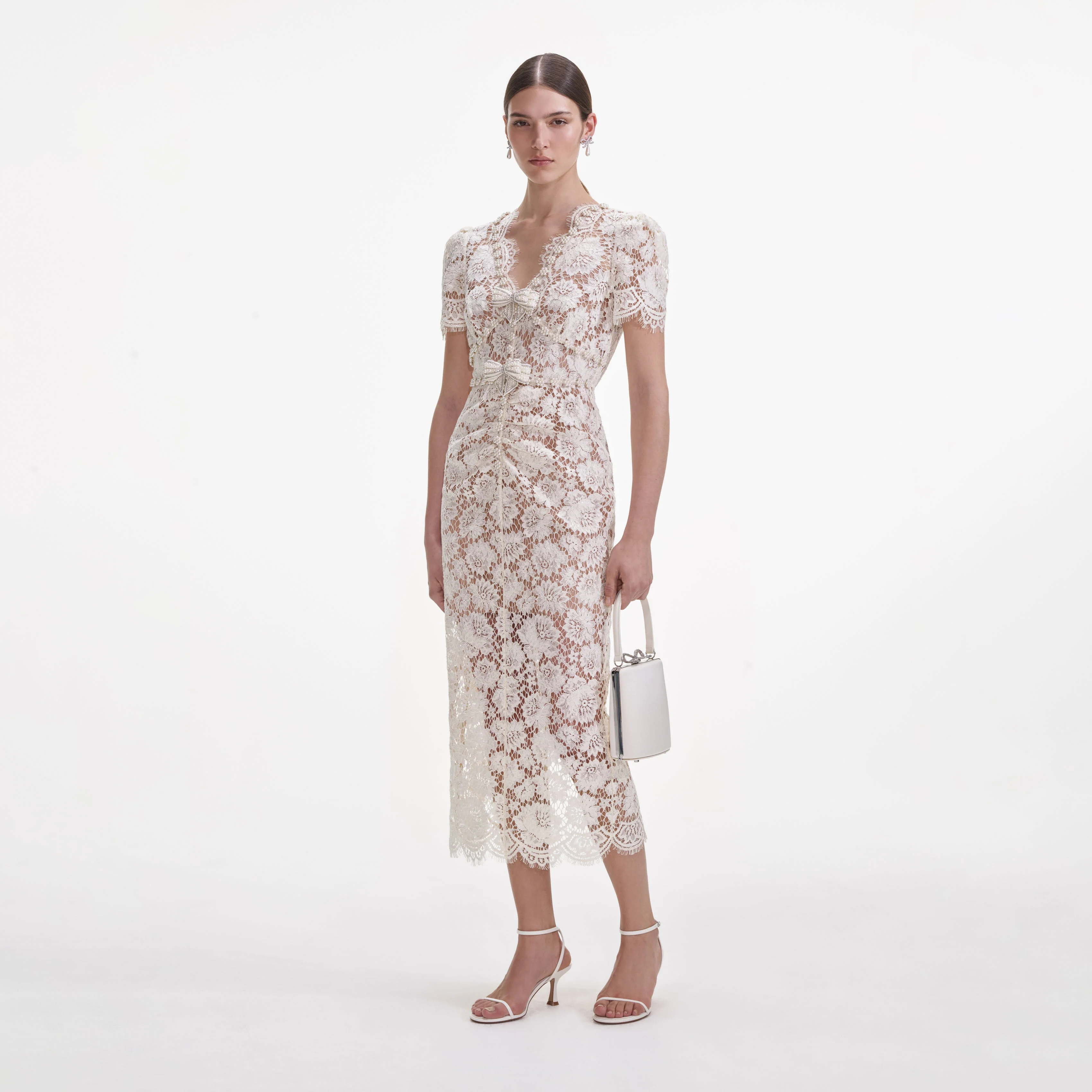 Cream Fine Lace Pearl Midi Dress