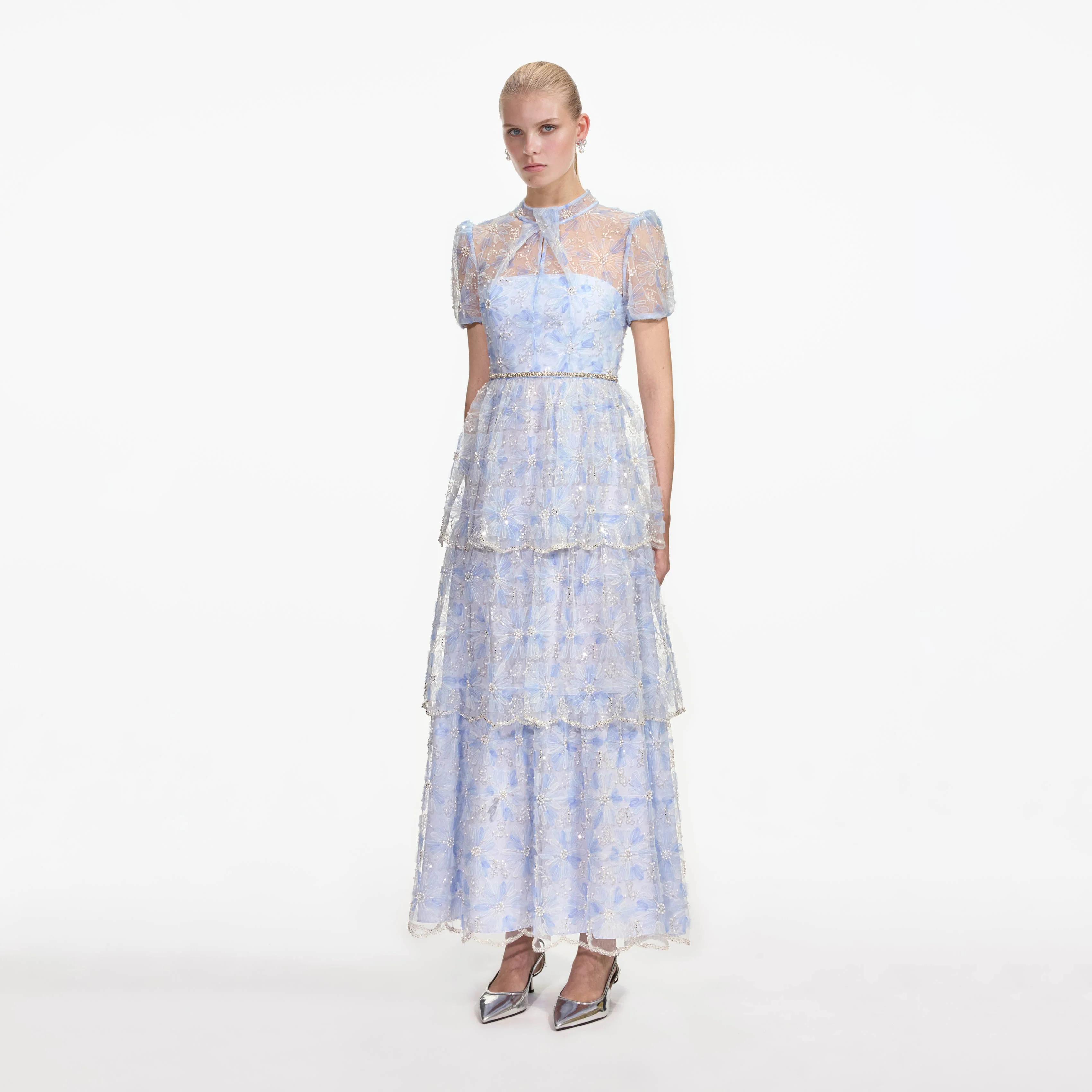 Blue Beaded Sequin Lace Maxi Dress