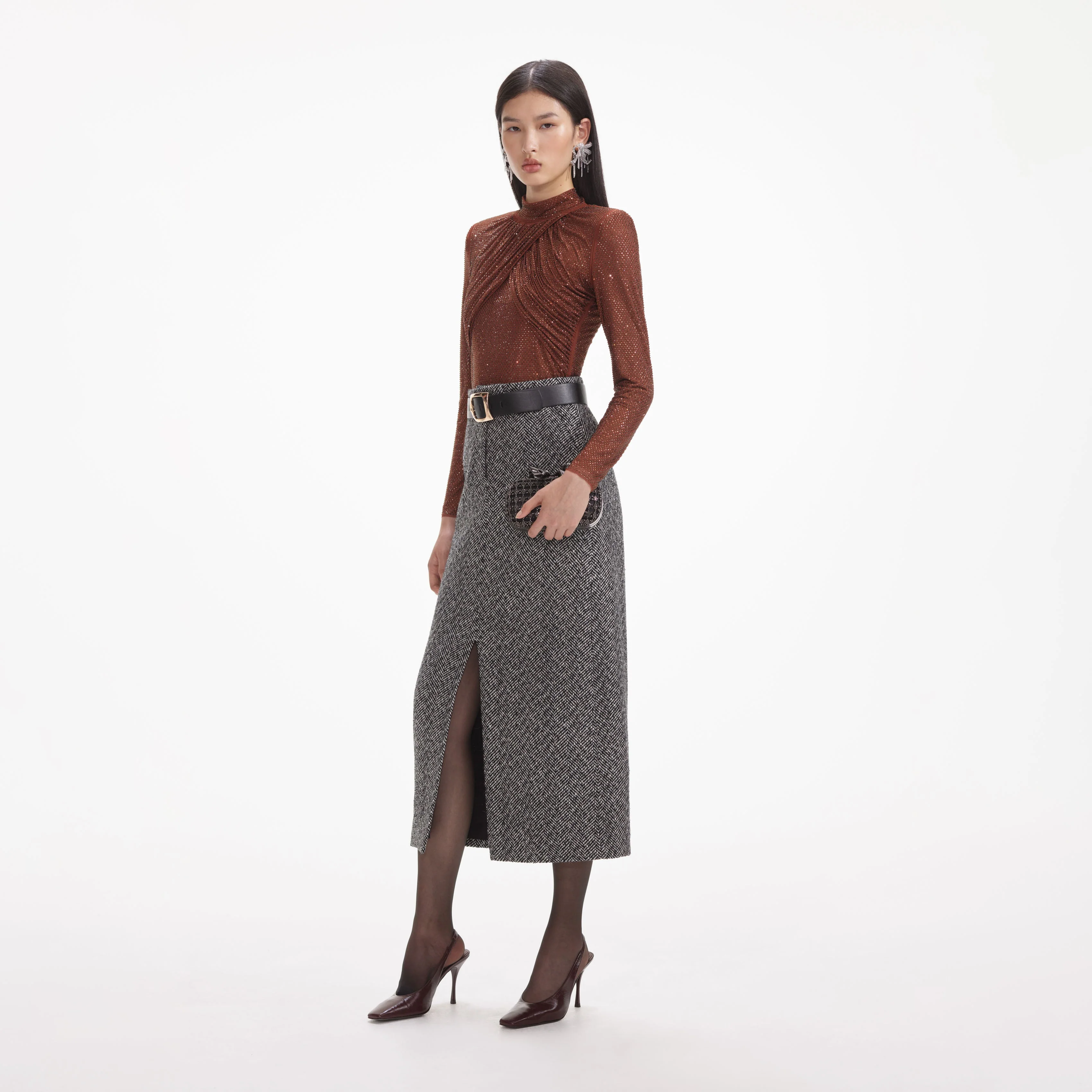 Brown Rhinestone Mesh Top