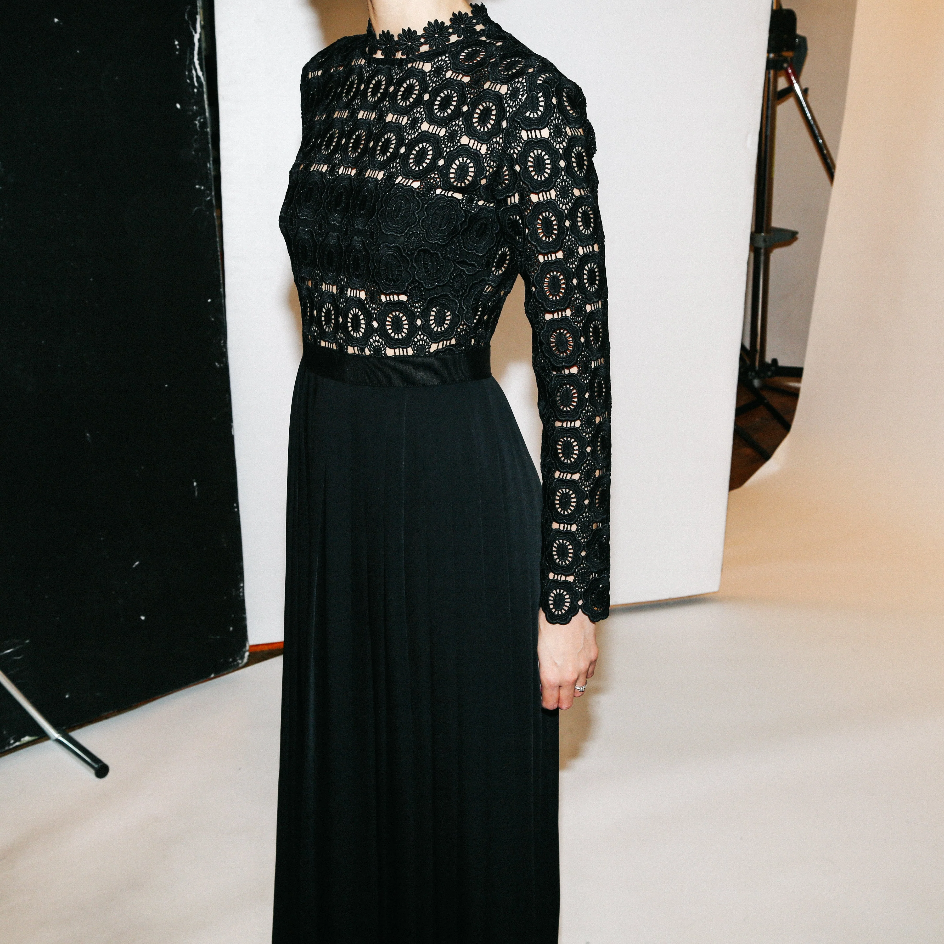 Pleated Crochet Floral Maxi Dress Black