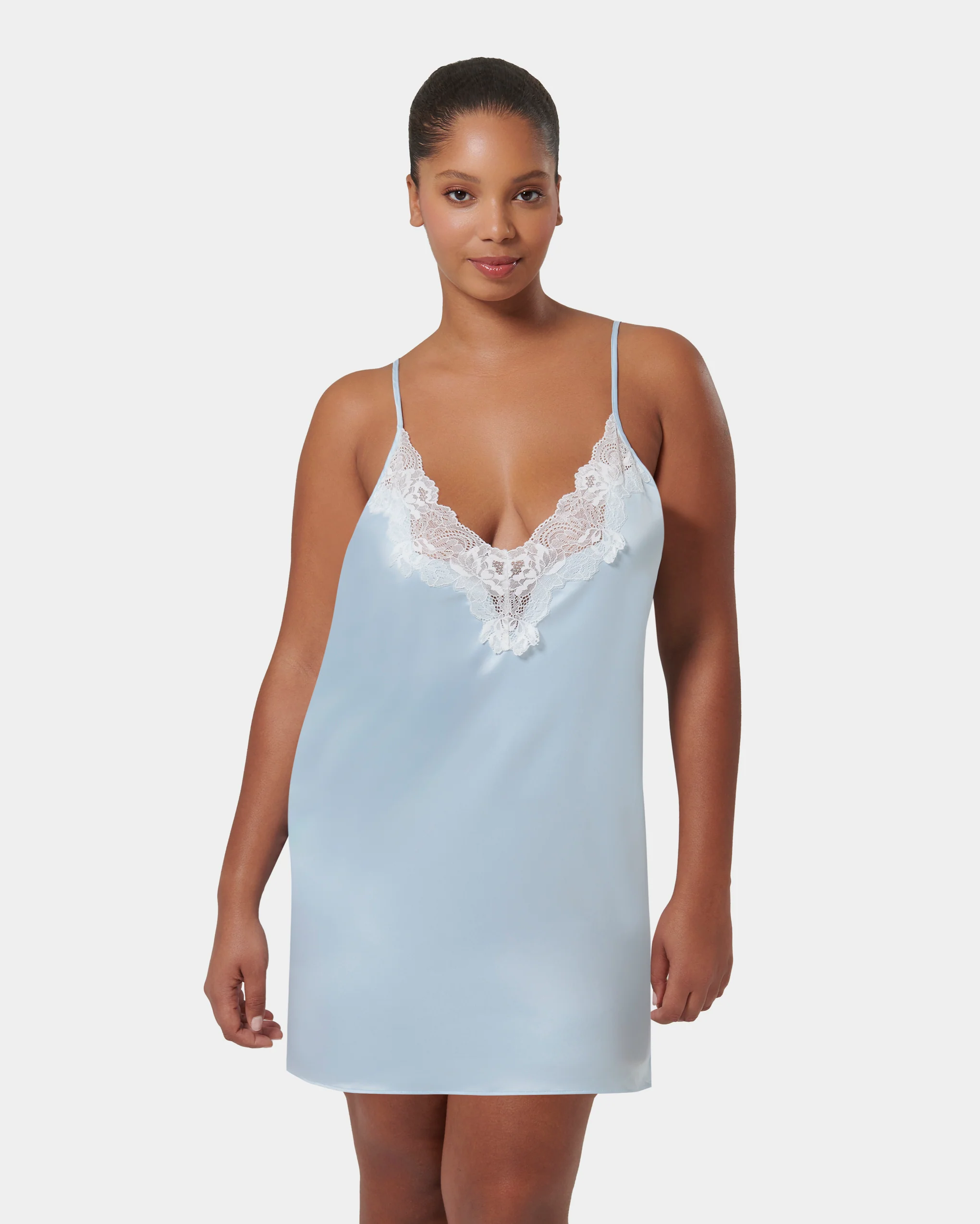 Isabella Luxury Satin Short Chemise Ice Water Blue/White