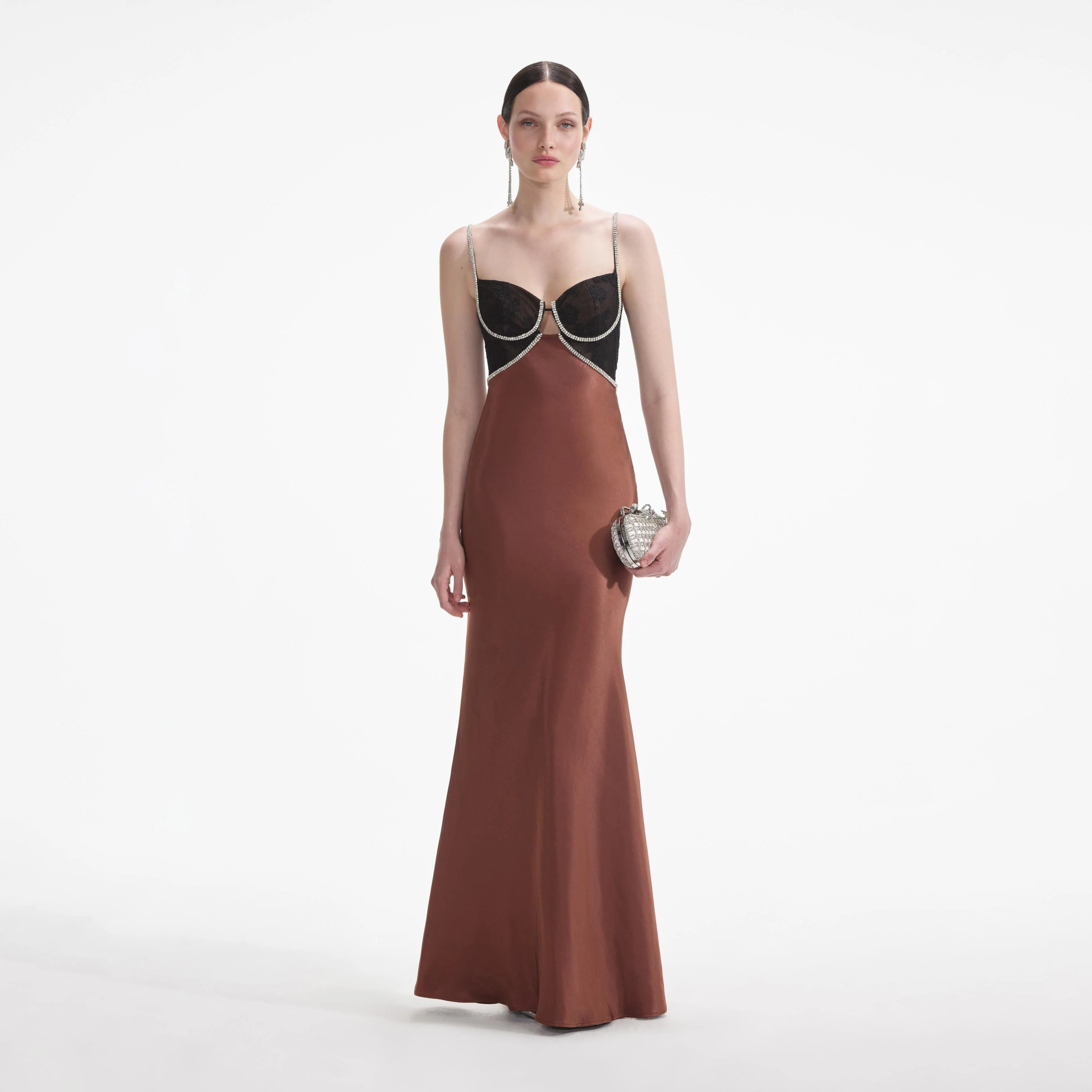 Brown Satin Diamante Maxi Dress