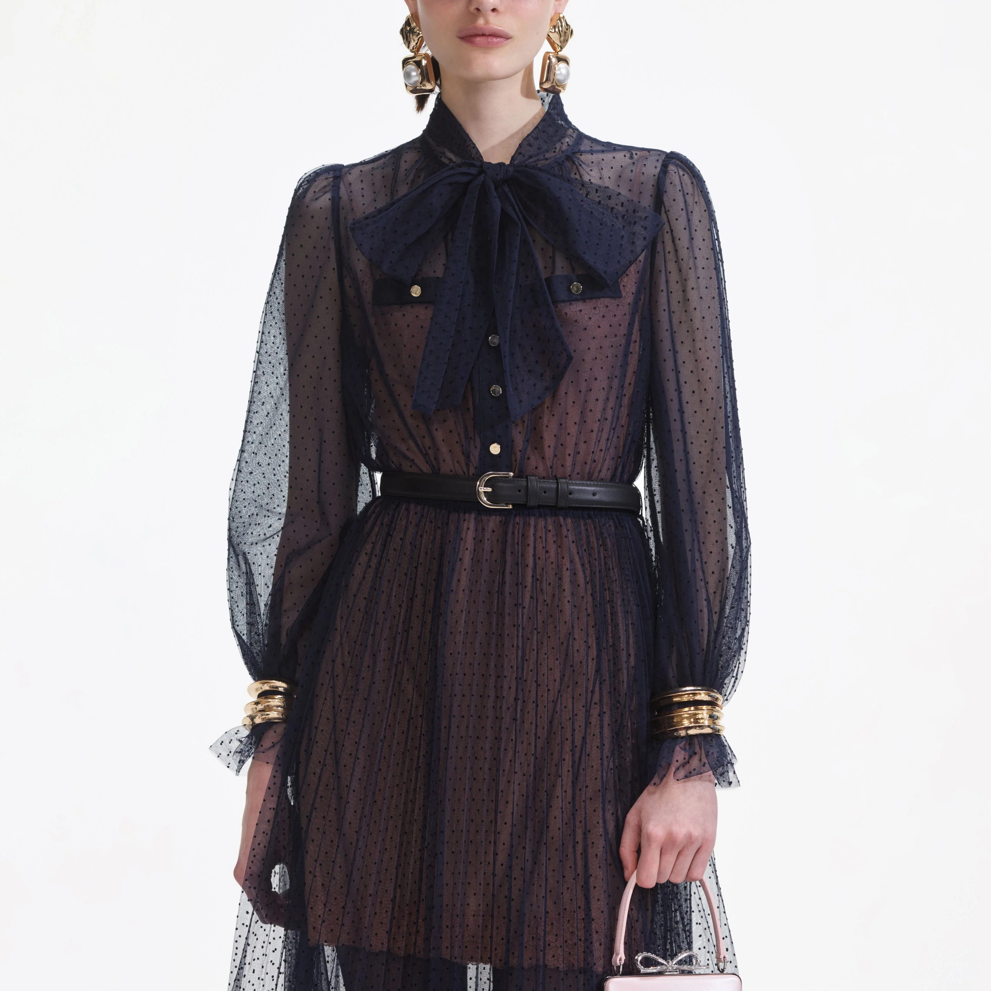 Navy Dot Mesh Midi Dress