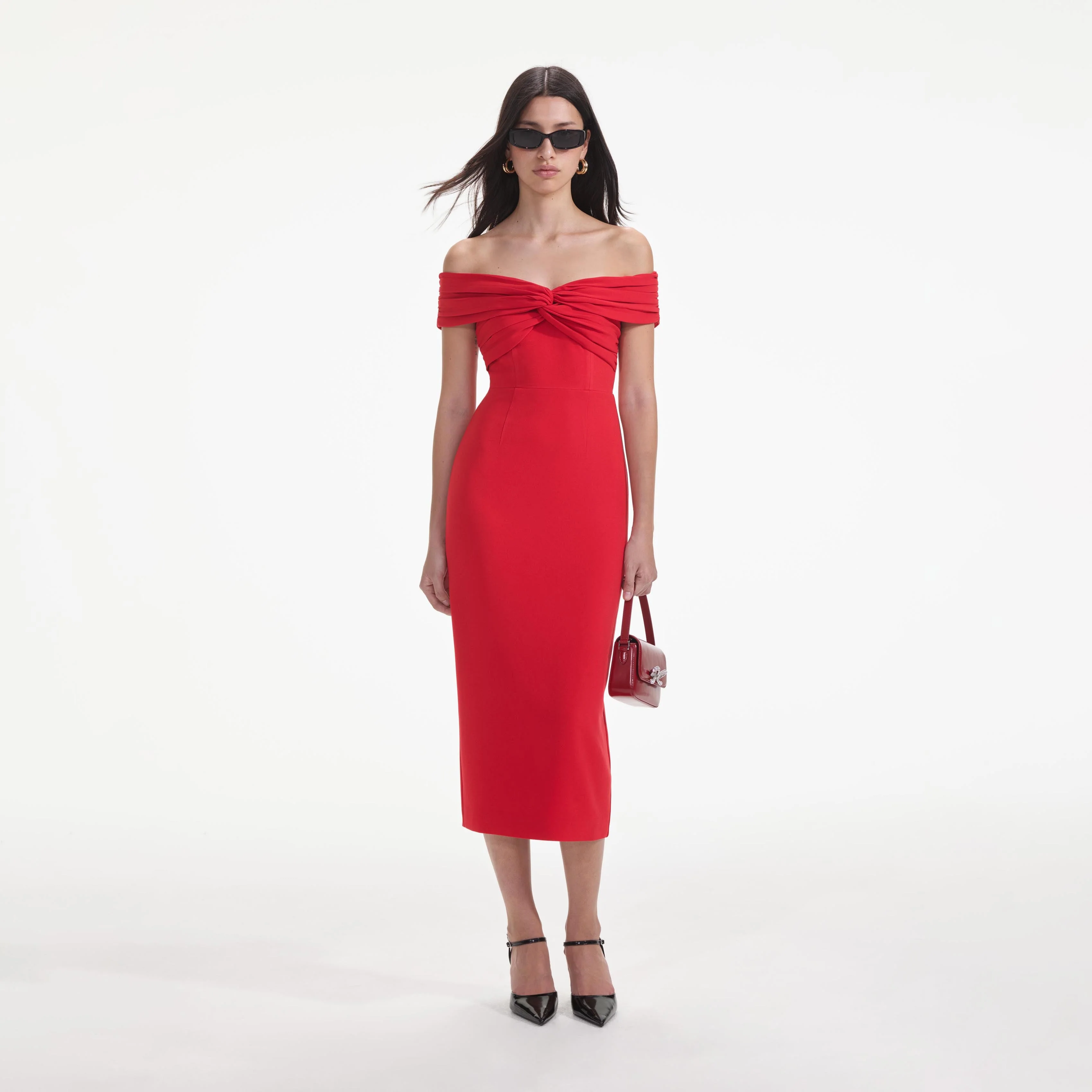 Red Off Shoulder Midi Dress