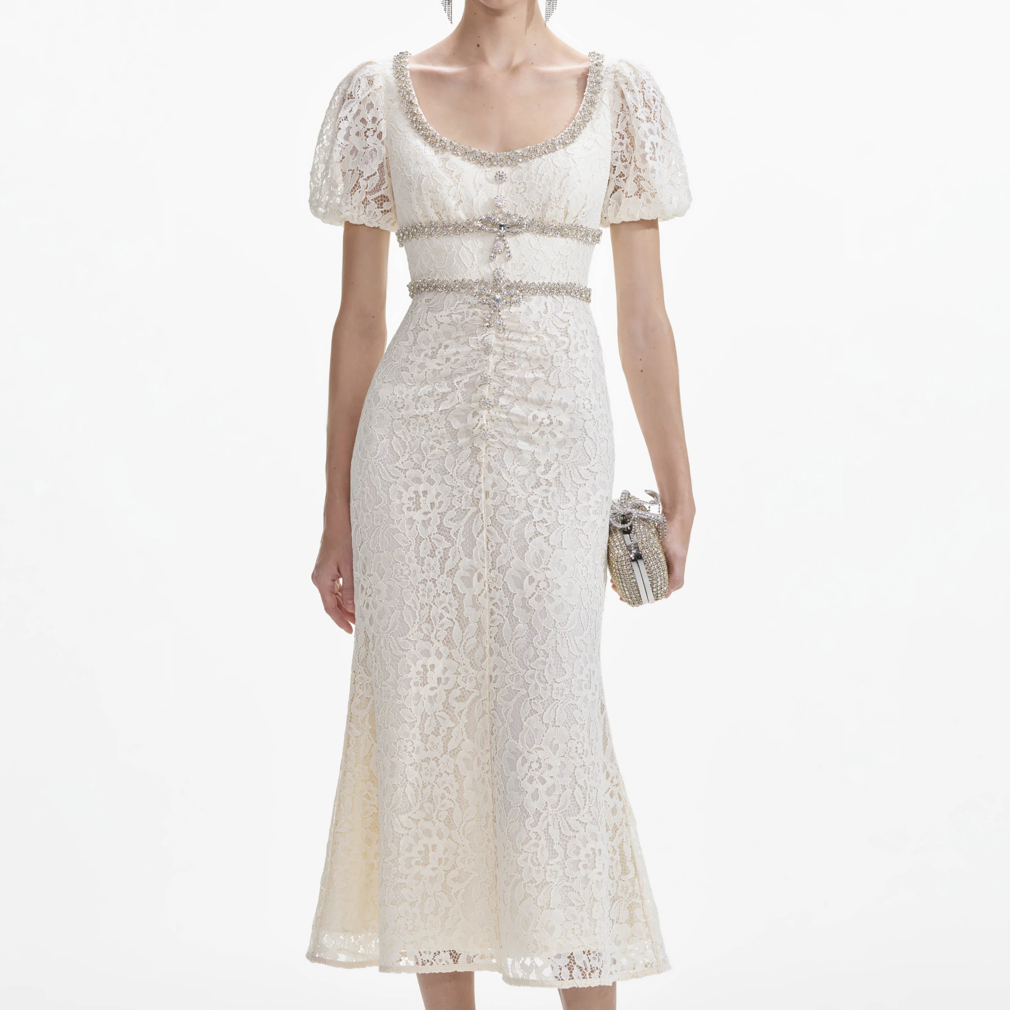 Cream Lace Diamante Trim Midi Dress