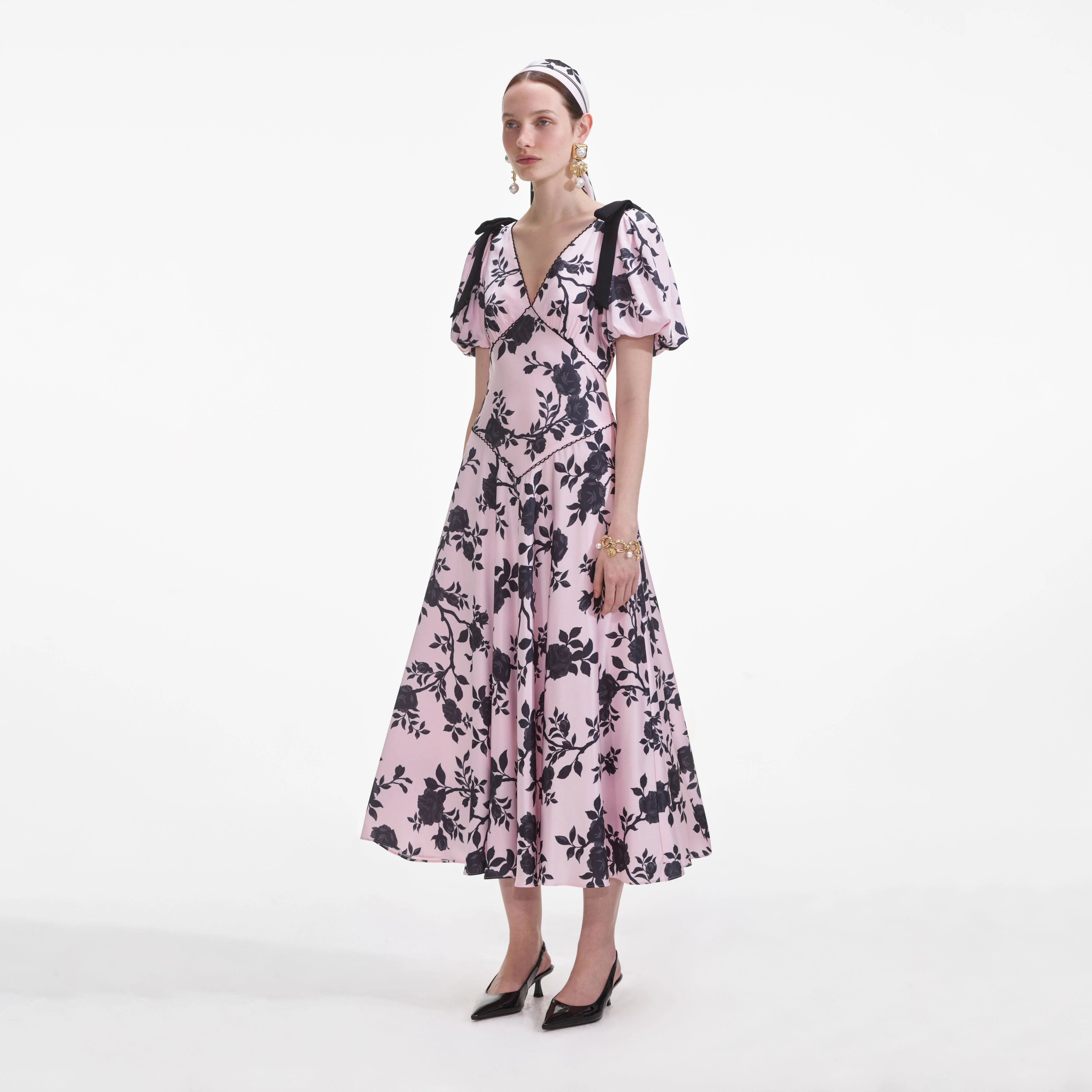 Pink Satin Floral Midi Dress